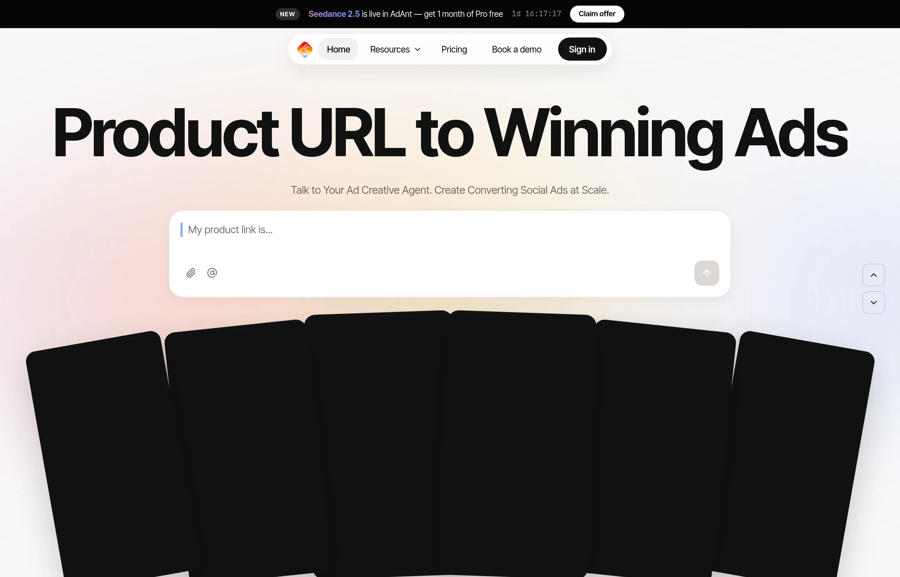 The AdAnt AI website, an agentic tool that generates short-form social video ads from a product URL.