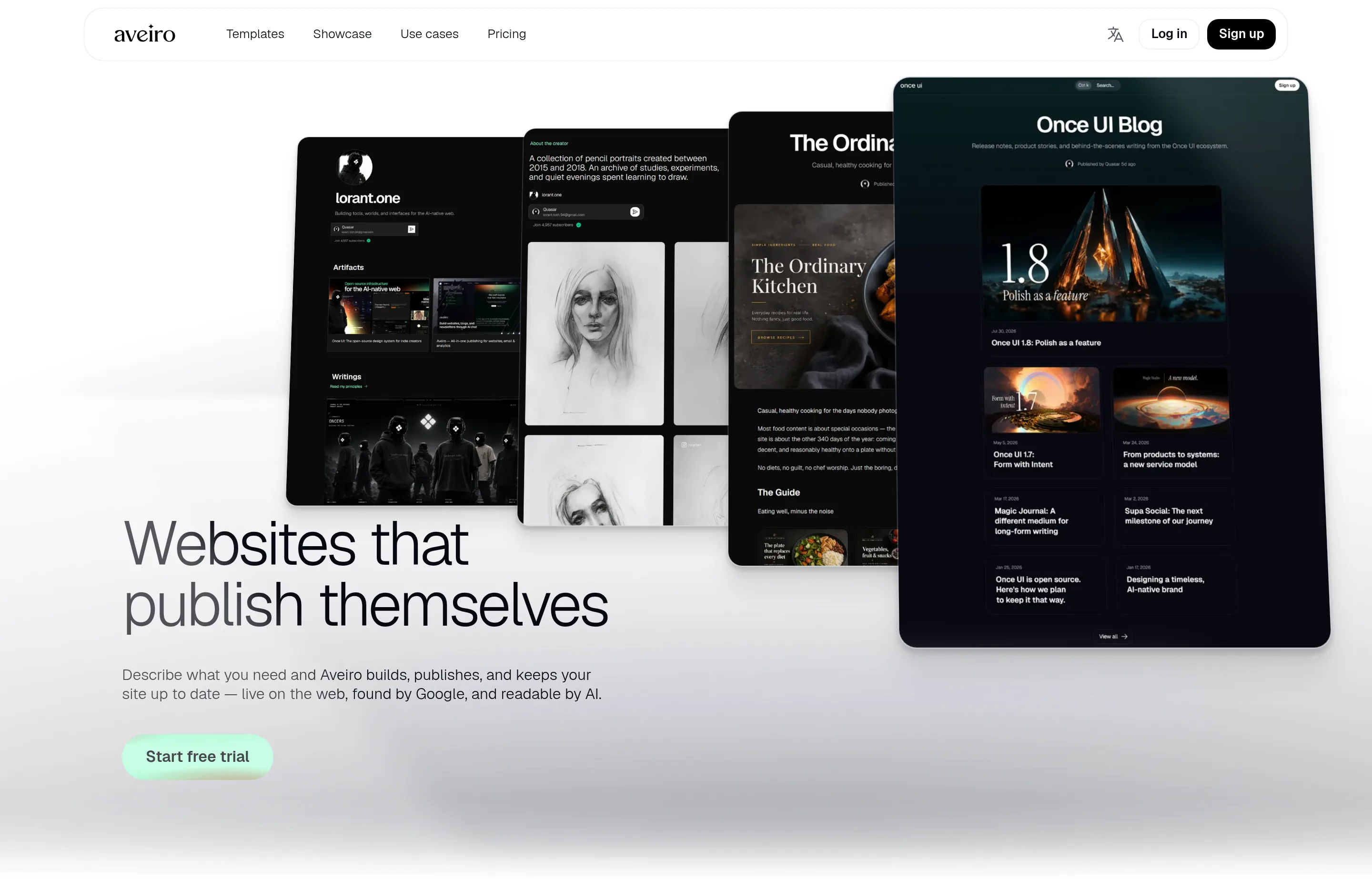The Aveiro website, an AI-native publishing platform for sites, newsletters and social posts.