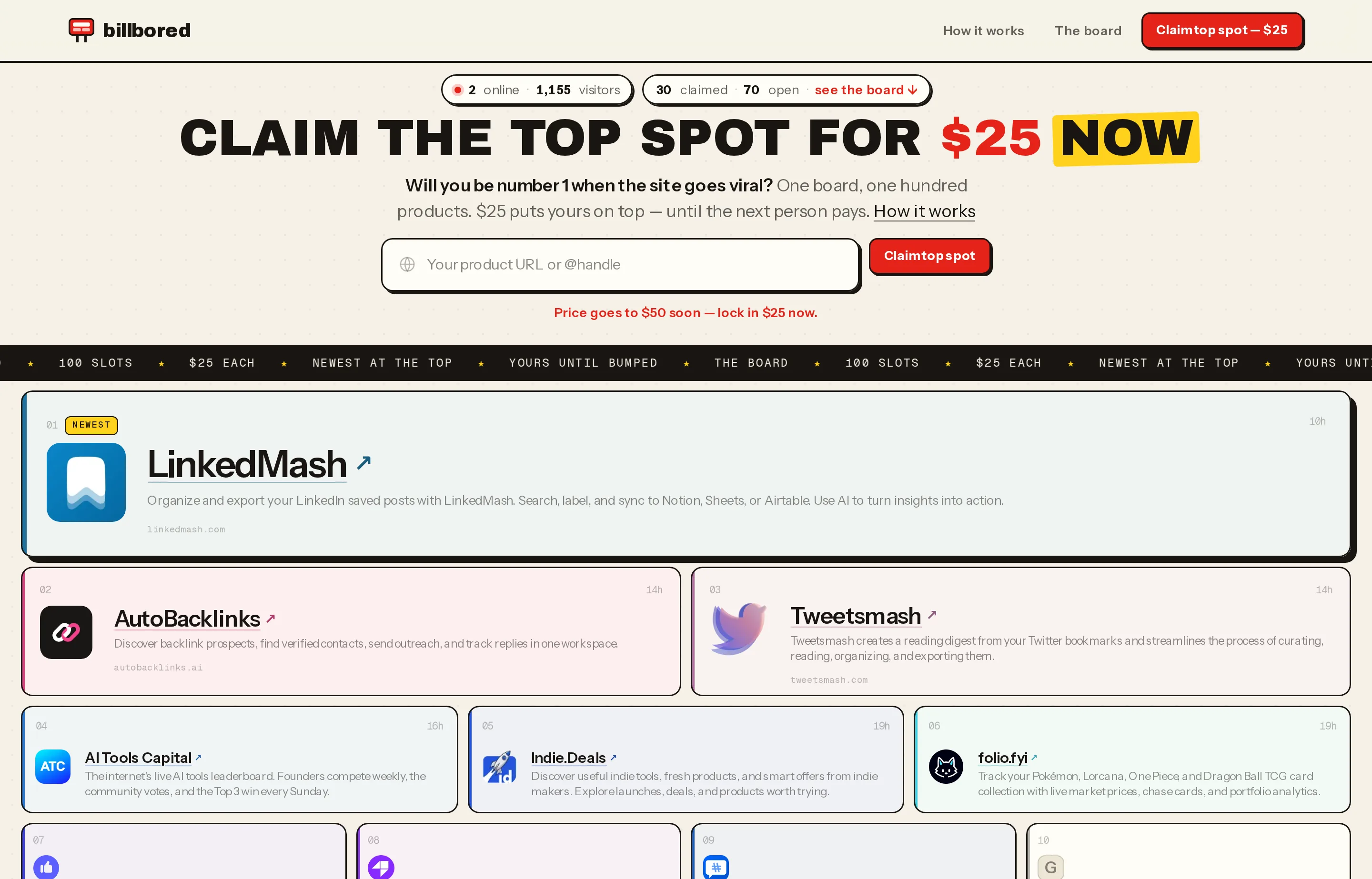 The live billbored.lol board, showing its top-spot claim form and a grid of product listings.