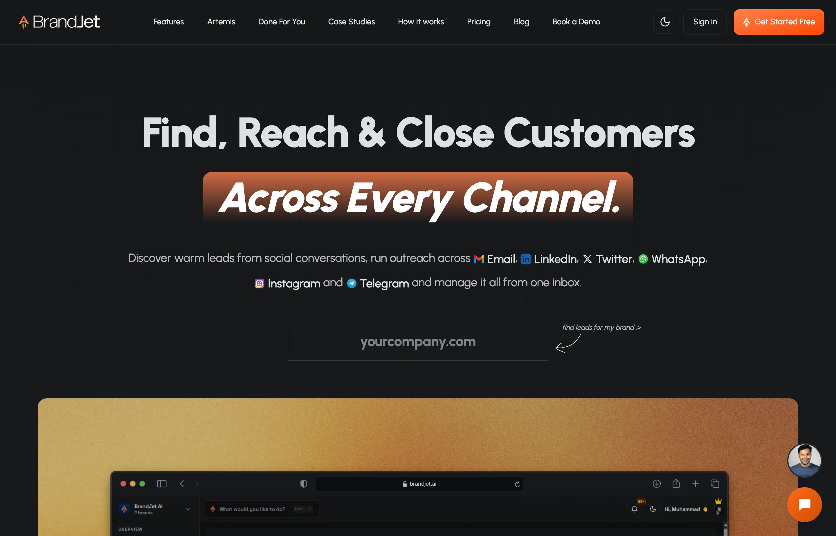 BrandJet's homepage, a multi-channel outreach and brand-intelligence platform with AI mention monitoring.