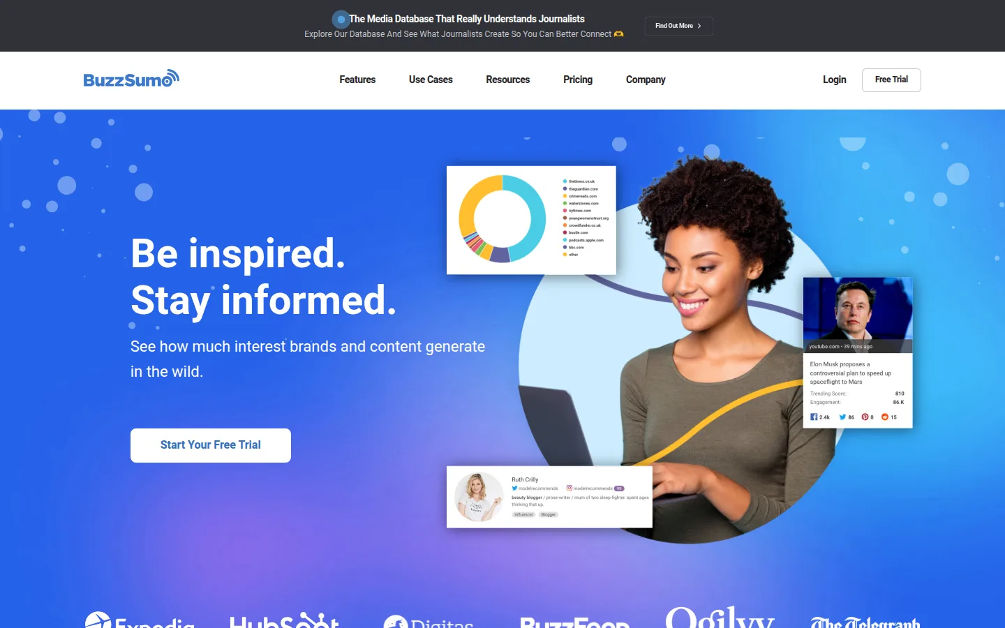 The BuzzSumo website, a content research and media monitoring tool.
