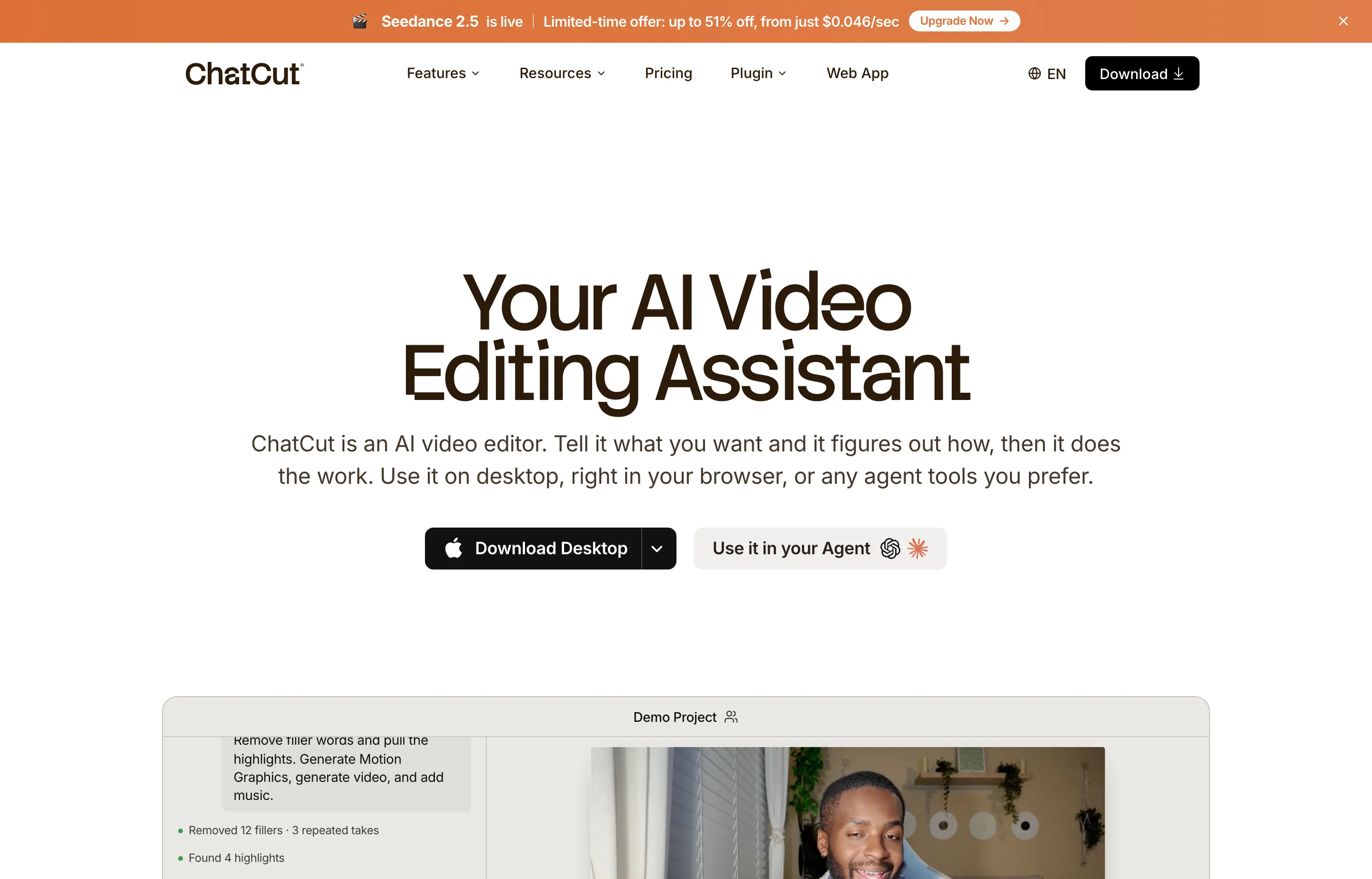 ChatCut's homepage, showing an AI video editor driven by prompts with a real timeline underneath.