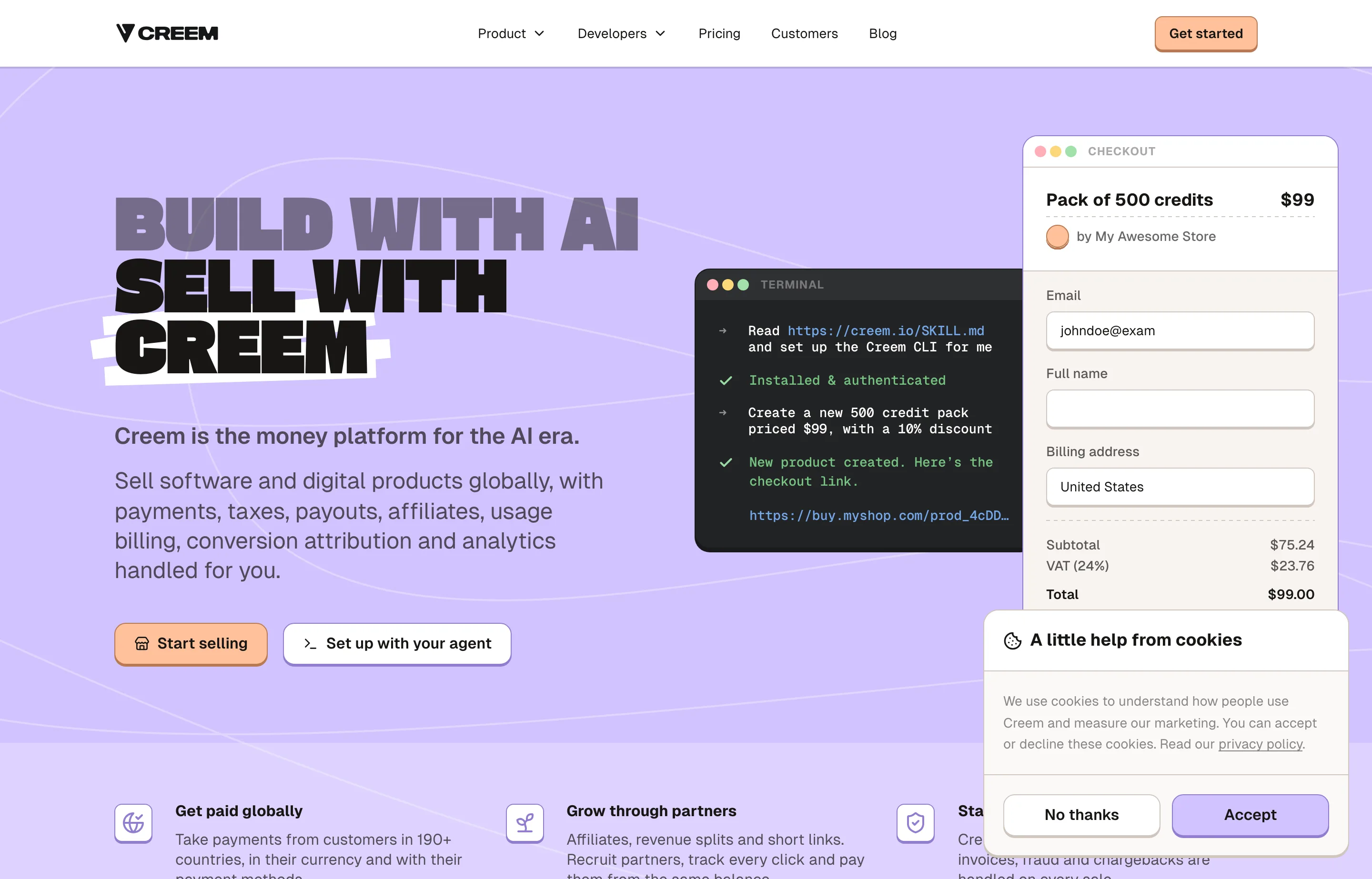 Creem merchant-of-record payments website