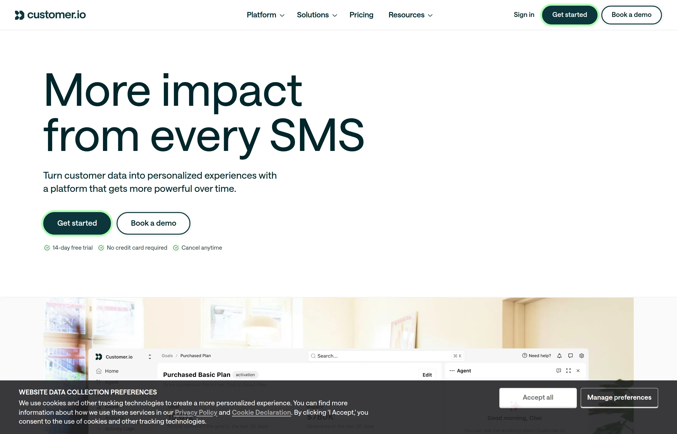 The Customer.io website, a behavioural and event-based marketing automation platform.
