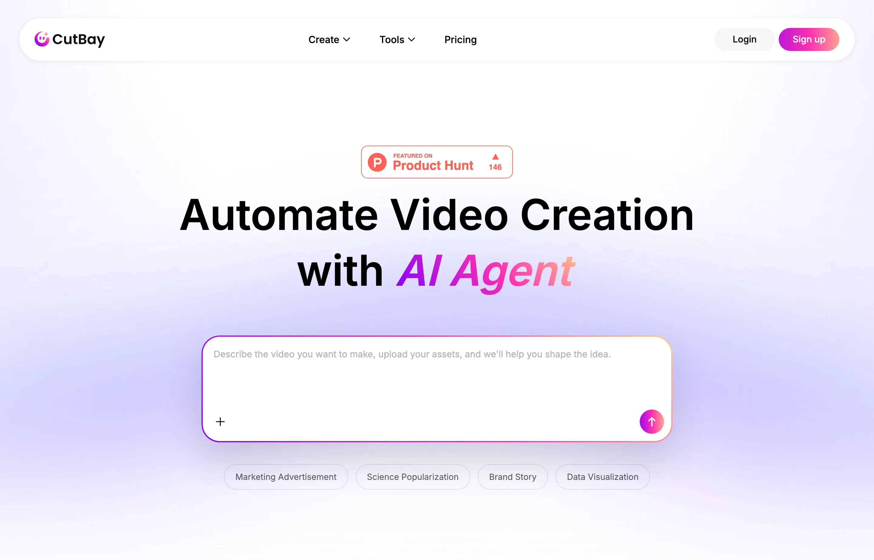 CutBay website showing video creation from prompts, documents, links, and media.