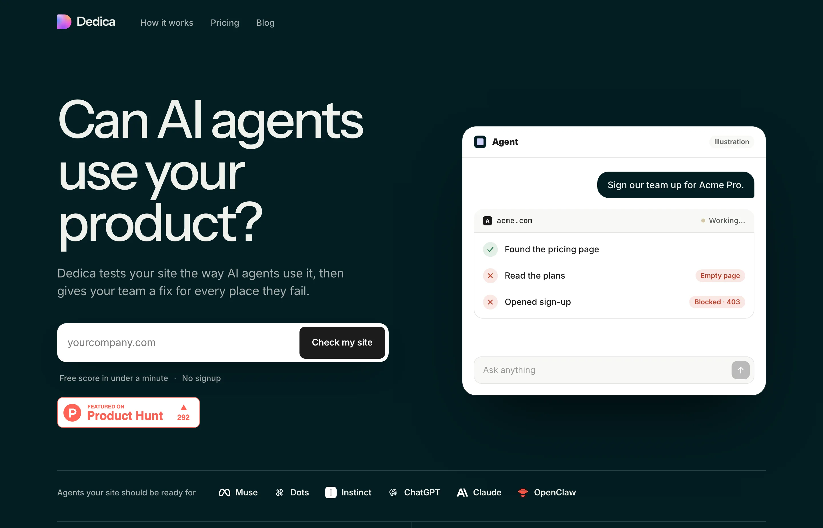 Dedica website showing a free AI-agent readiness scan and per-issue fix kit.