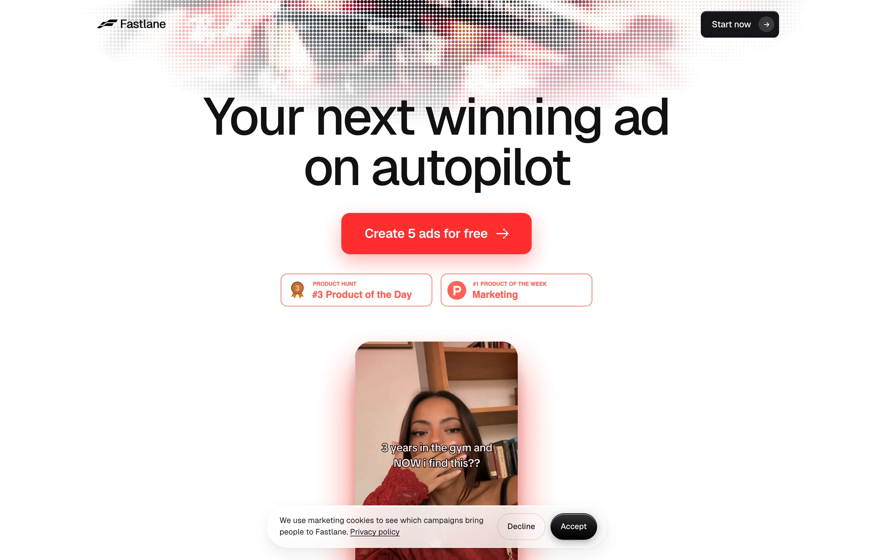 Fastlane website showing Senna building, launching, and optimizing ads.