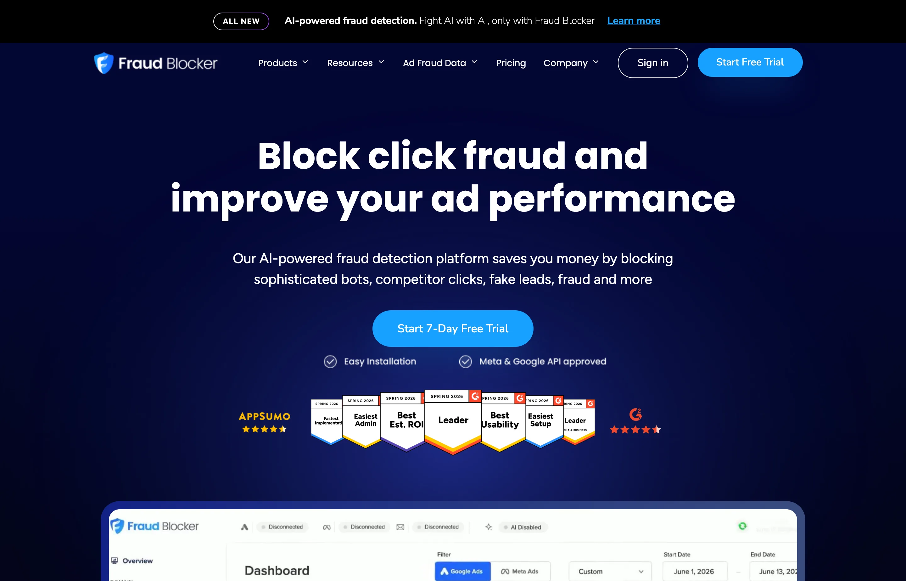 Fraud Blocker homepage showing click fraud protection for Google and Meta ads.