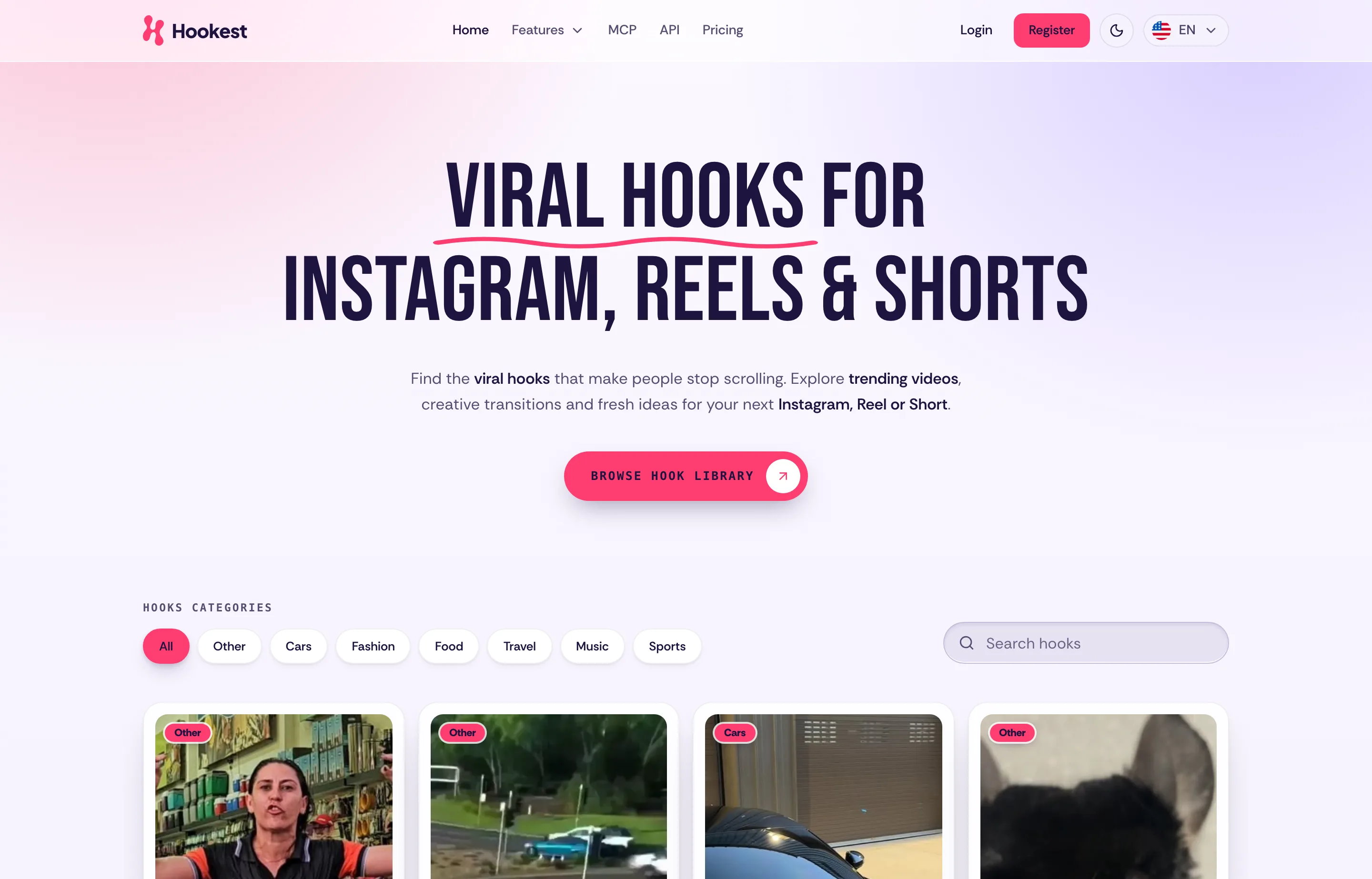 Hookest short-form video hook research website