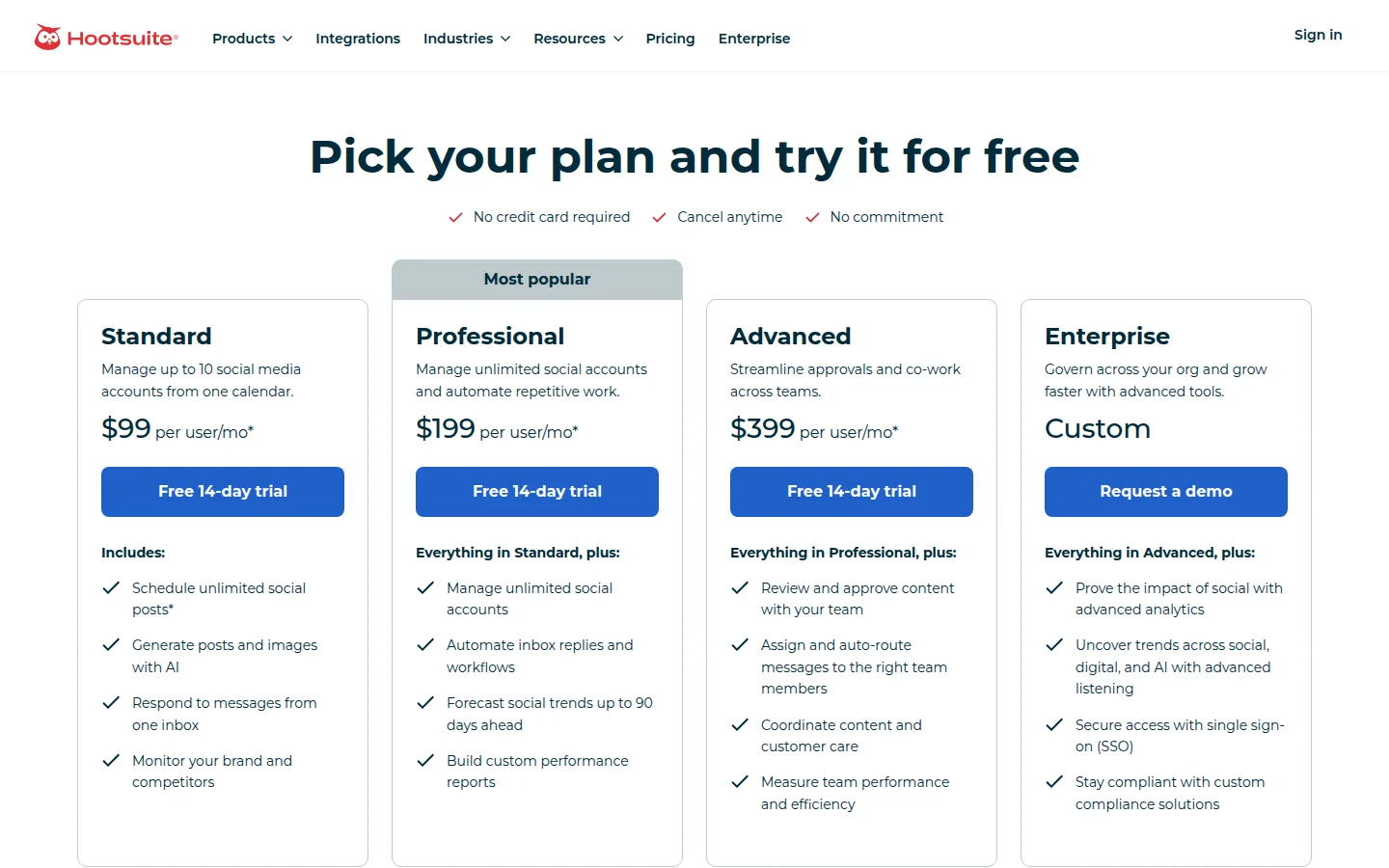 Hootsuite plans page showing Standard $99, Professional $199, and Advanced $399 per user per month.