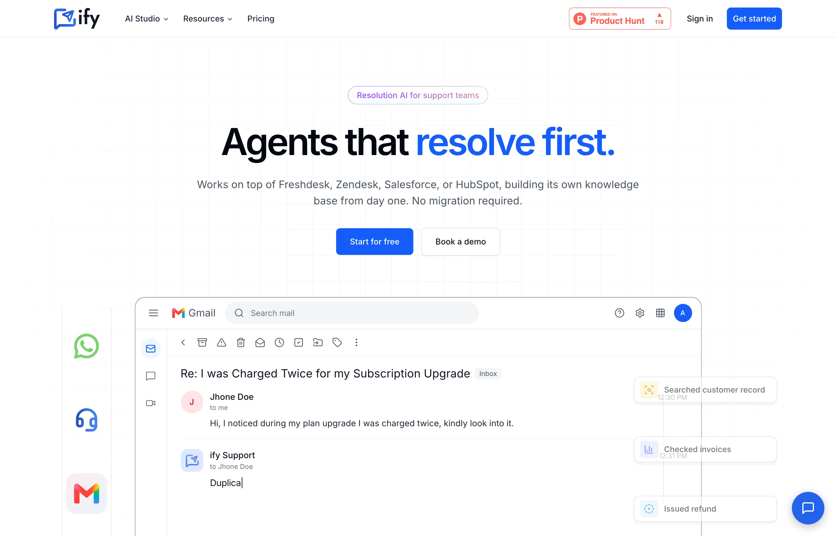 ify's homepage, an AI support agent that resolves tickets on top of existing helpdesks.