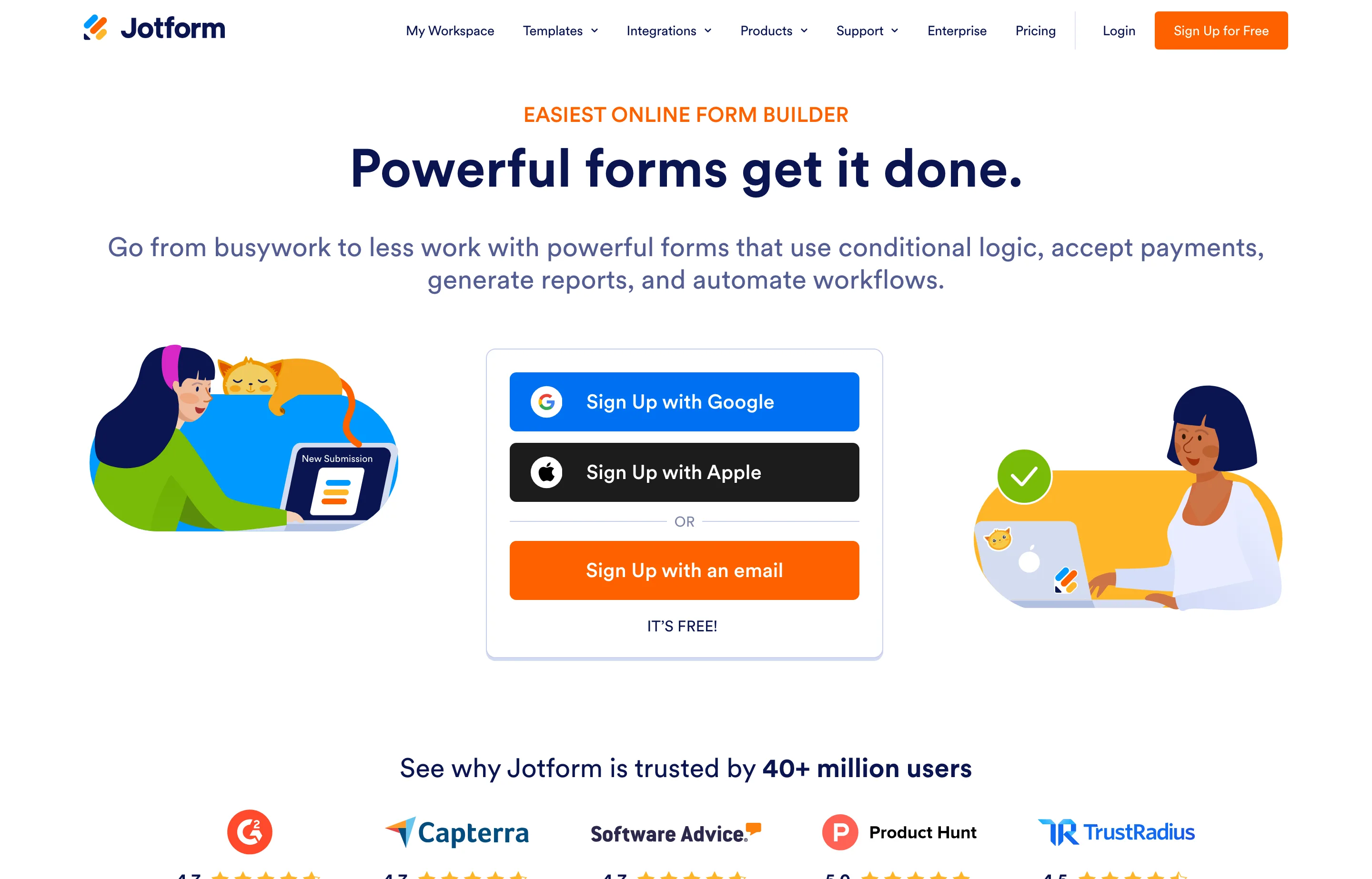 Jotform's pricing page, showing the free Starter plan limits alongside Bronze, Silver, Gold, and Enterprise tiers.