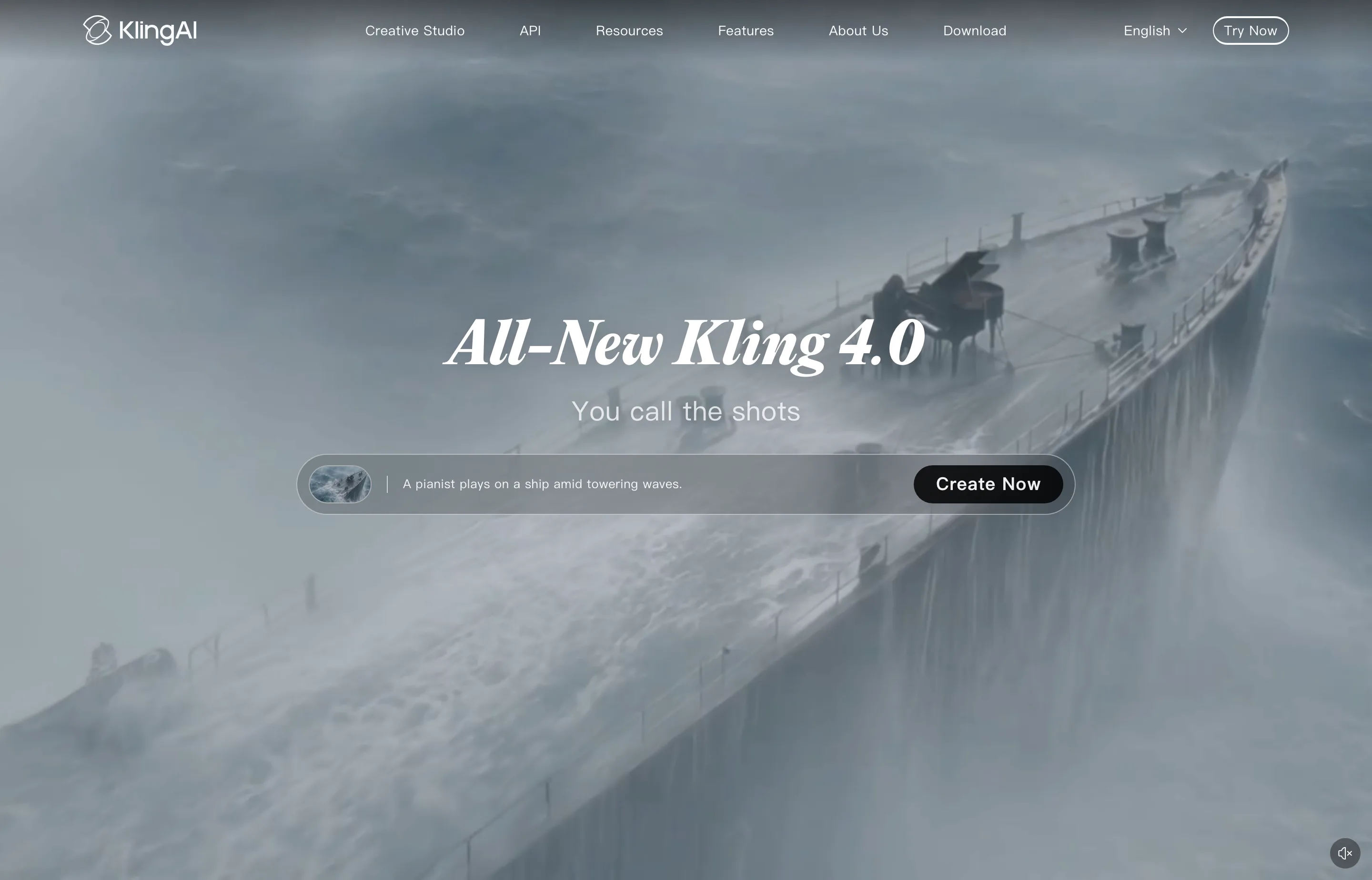 Kling AI homepage highlighting Kling 4.0 video and image generation.