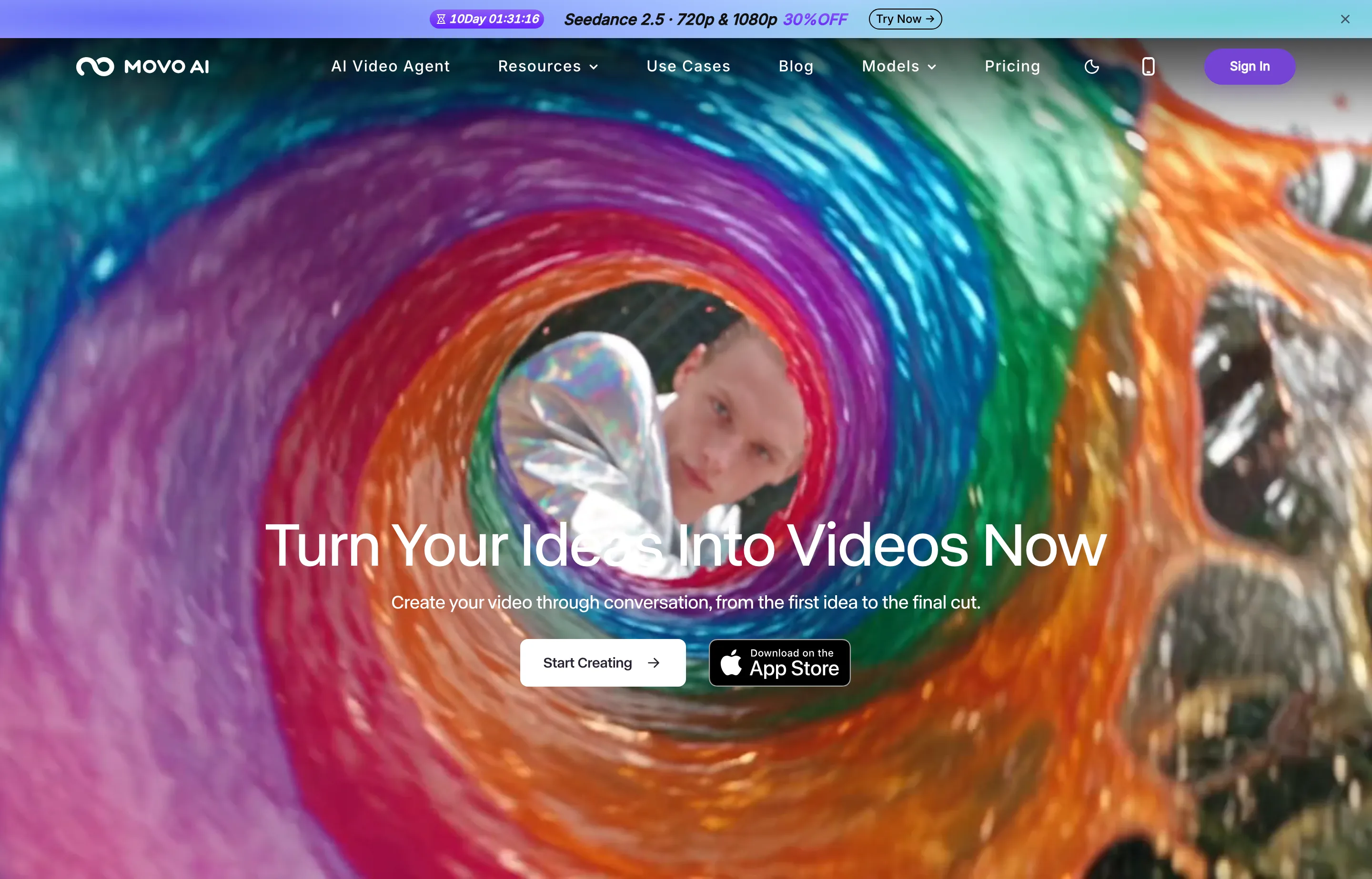 MOVO AI homepage showing conversational long-form video creation.