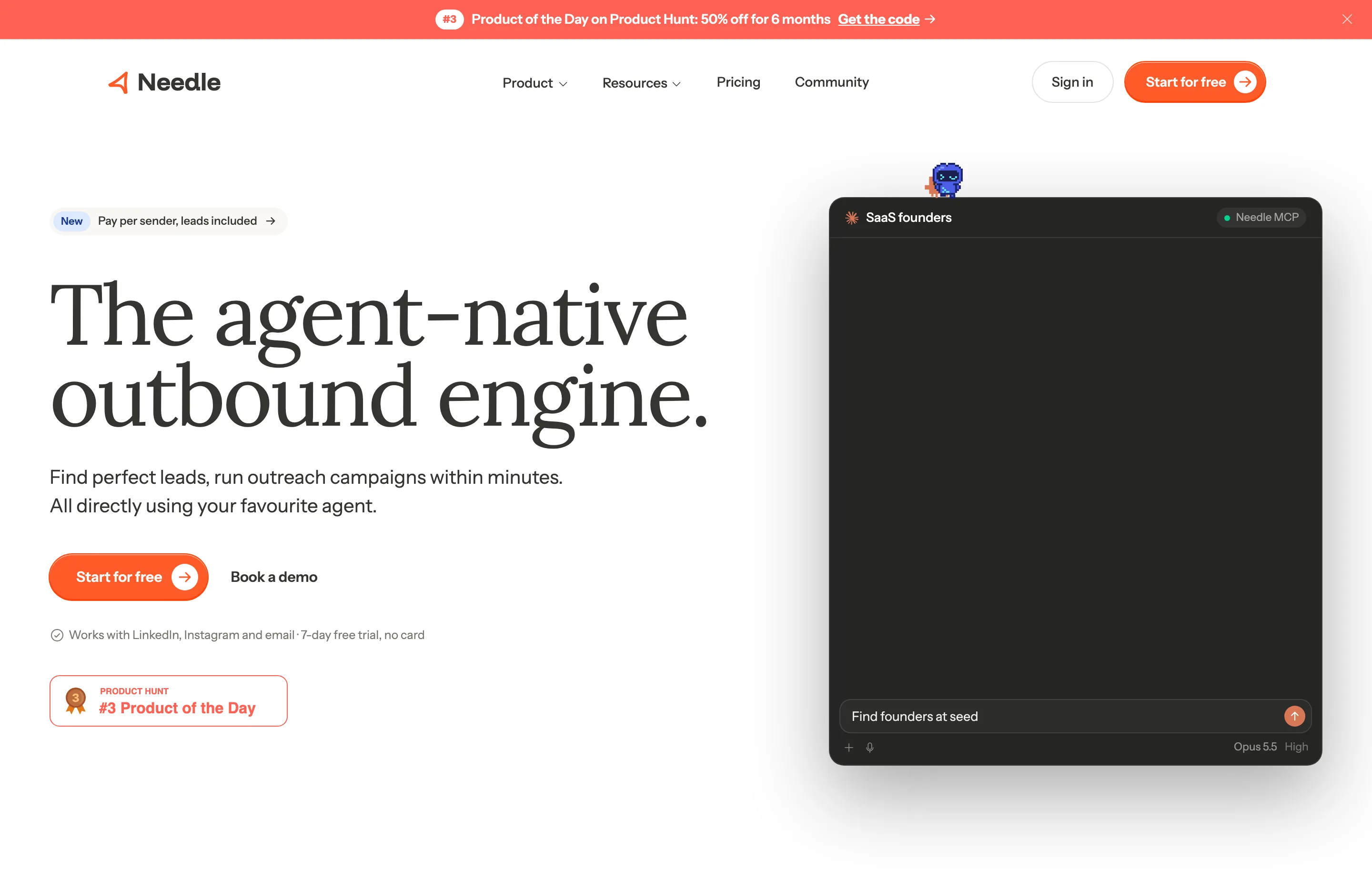 Needle website showing agent-driven outbound campaigns.