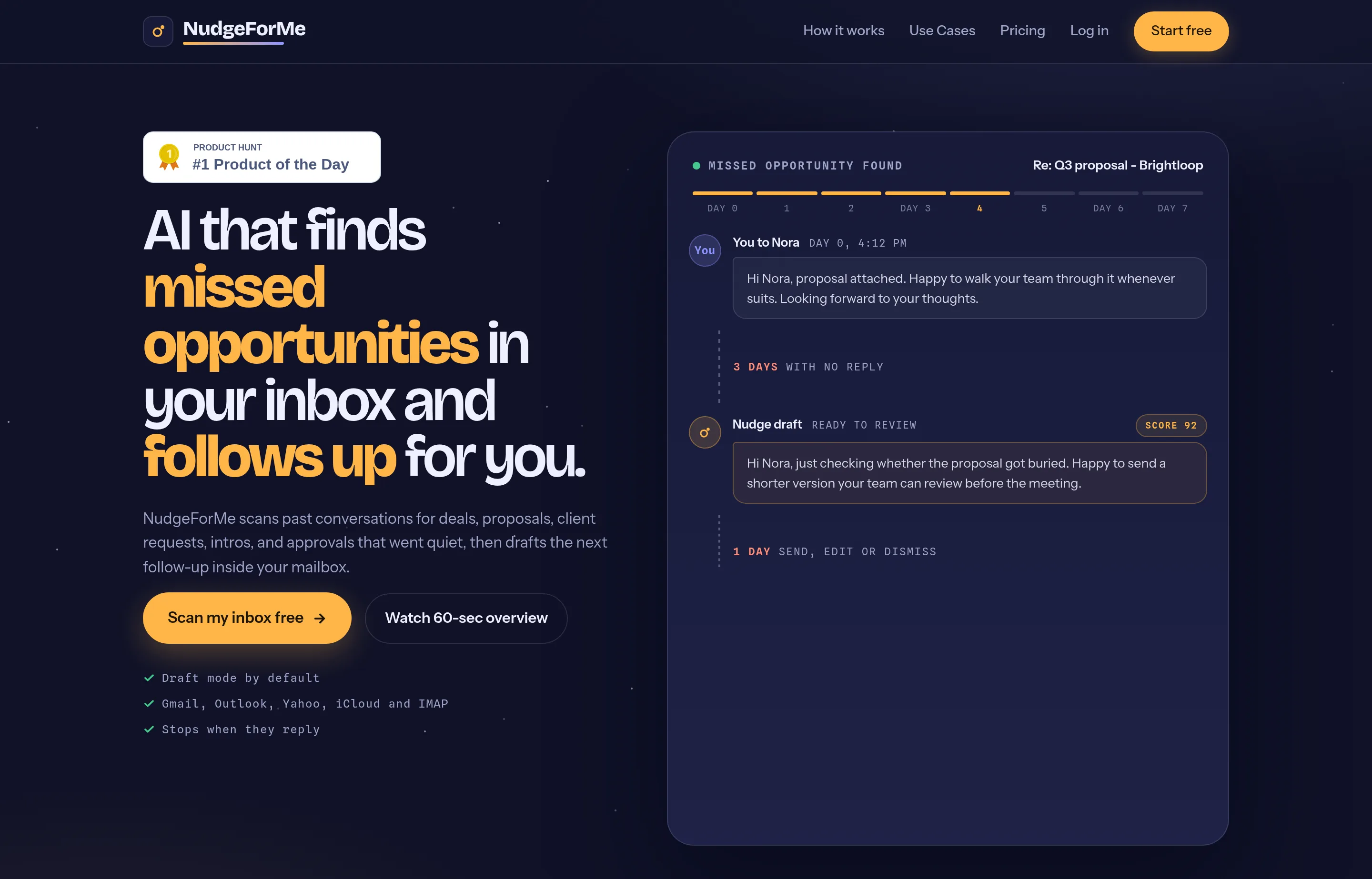 The NudgeForMe website, an AI agent that drafts follow-up emails for unanswered conversations.