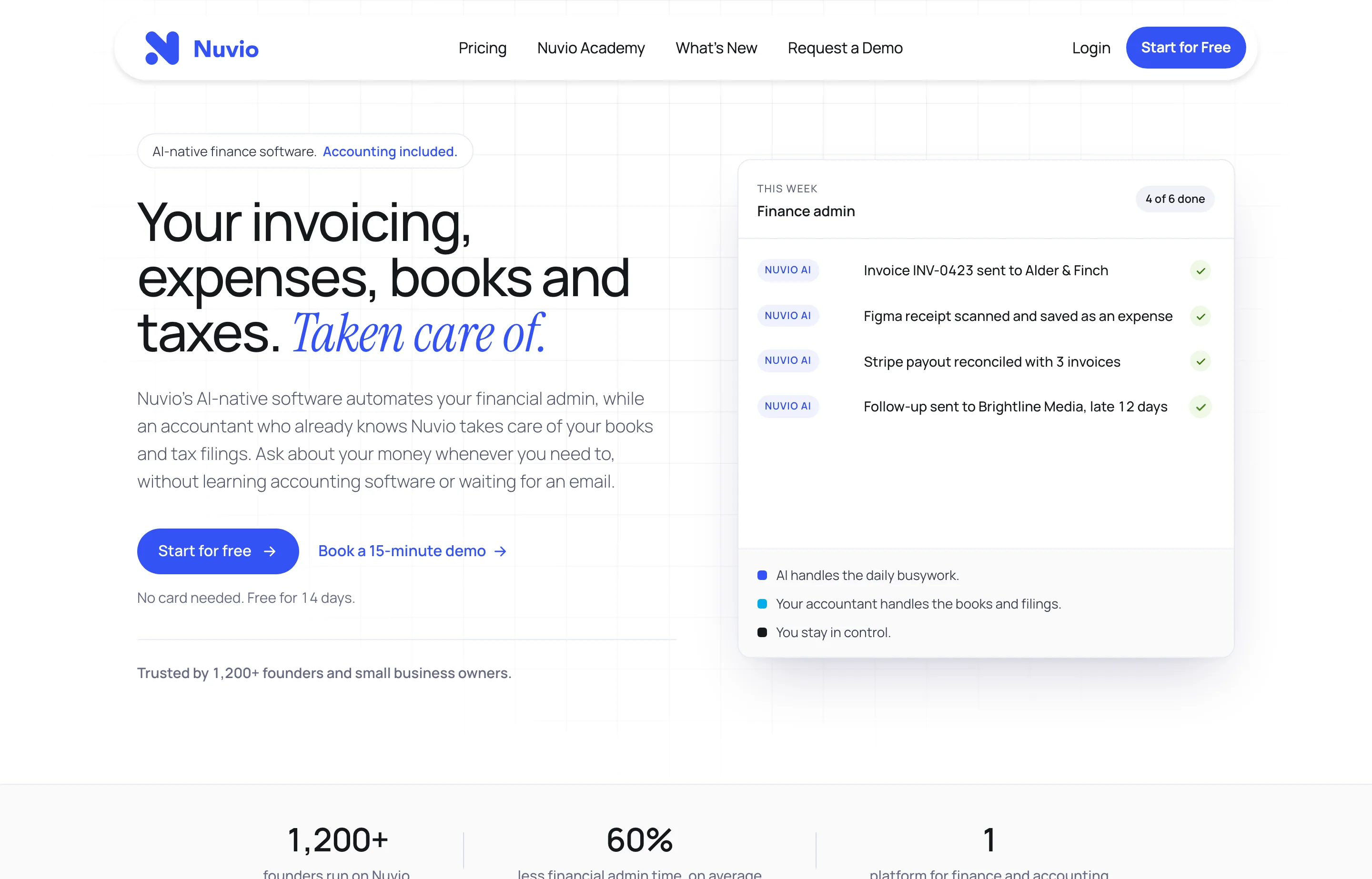 Nuvio website showing AI-native finance with accounting included.