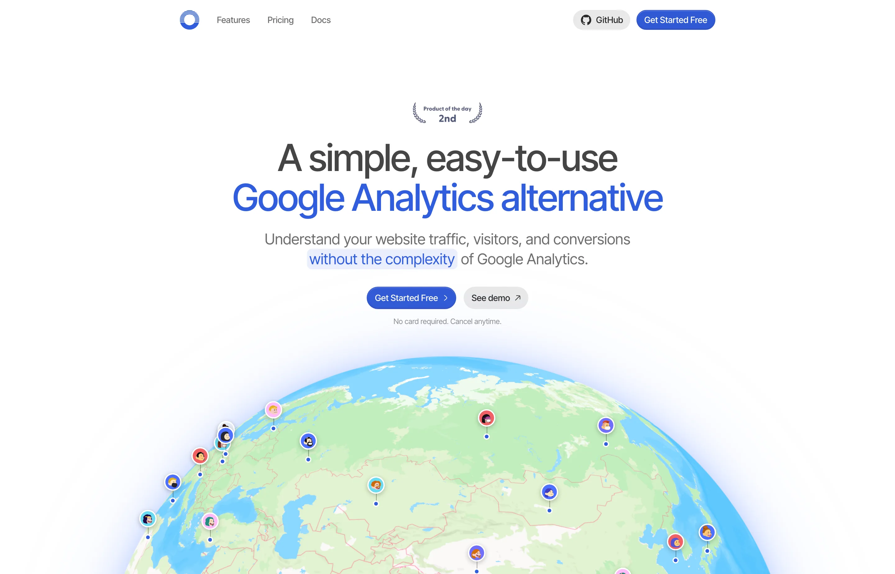 Open Analytics' homepage, a cookieless analytics alternative showing realtime visitors, funnels, and revenue attribution.