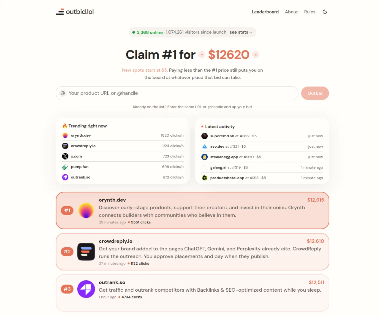 The live Outbid.lol leaderboard, with a claim field, active listings, bid amounts, and activity panel.