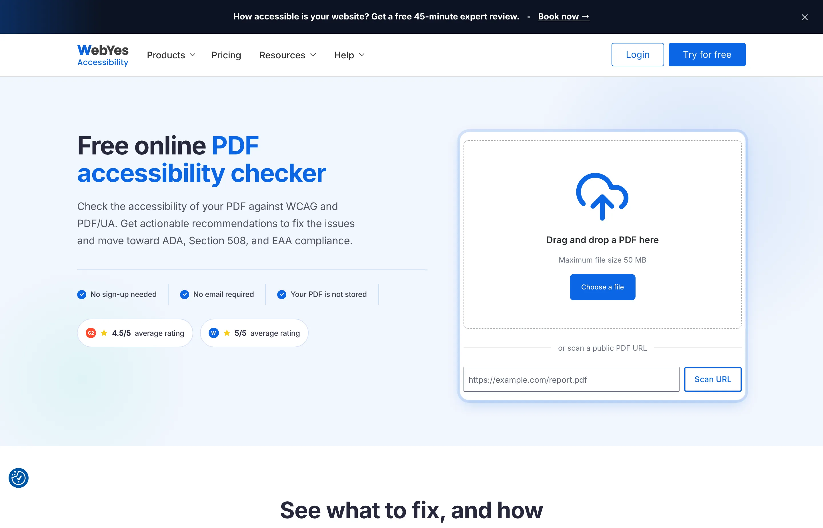 WebYes free PDF accessibility checker highlighting WCAG and PDF/UA issues.