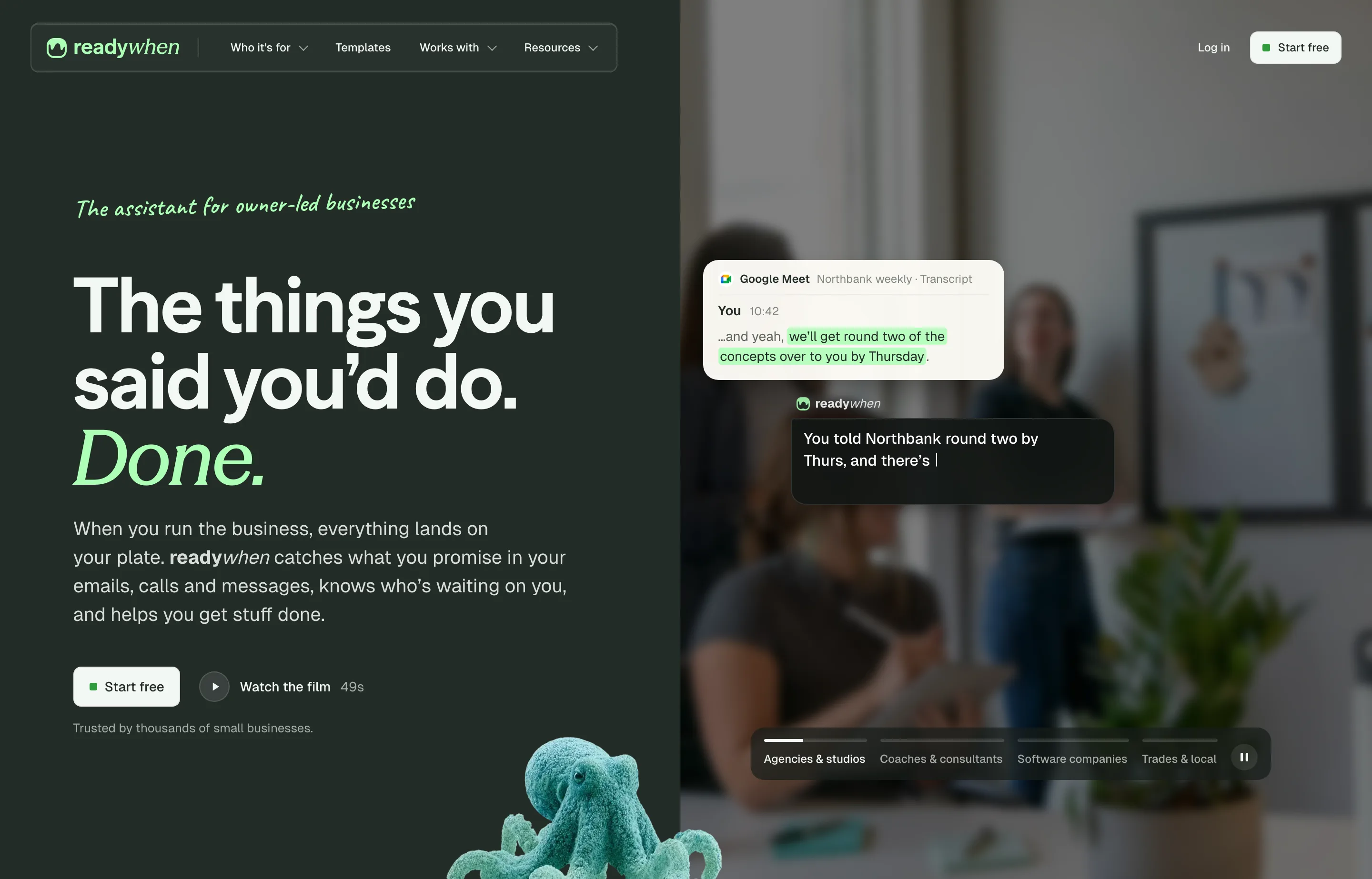 readywhen website showing an assistant that catches commitments and drafts follow-ups.