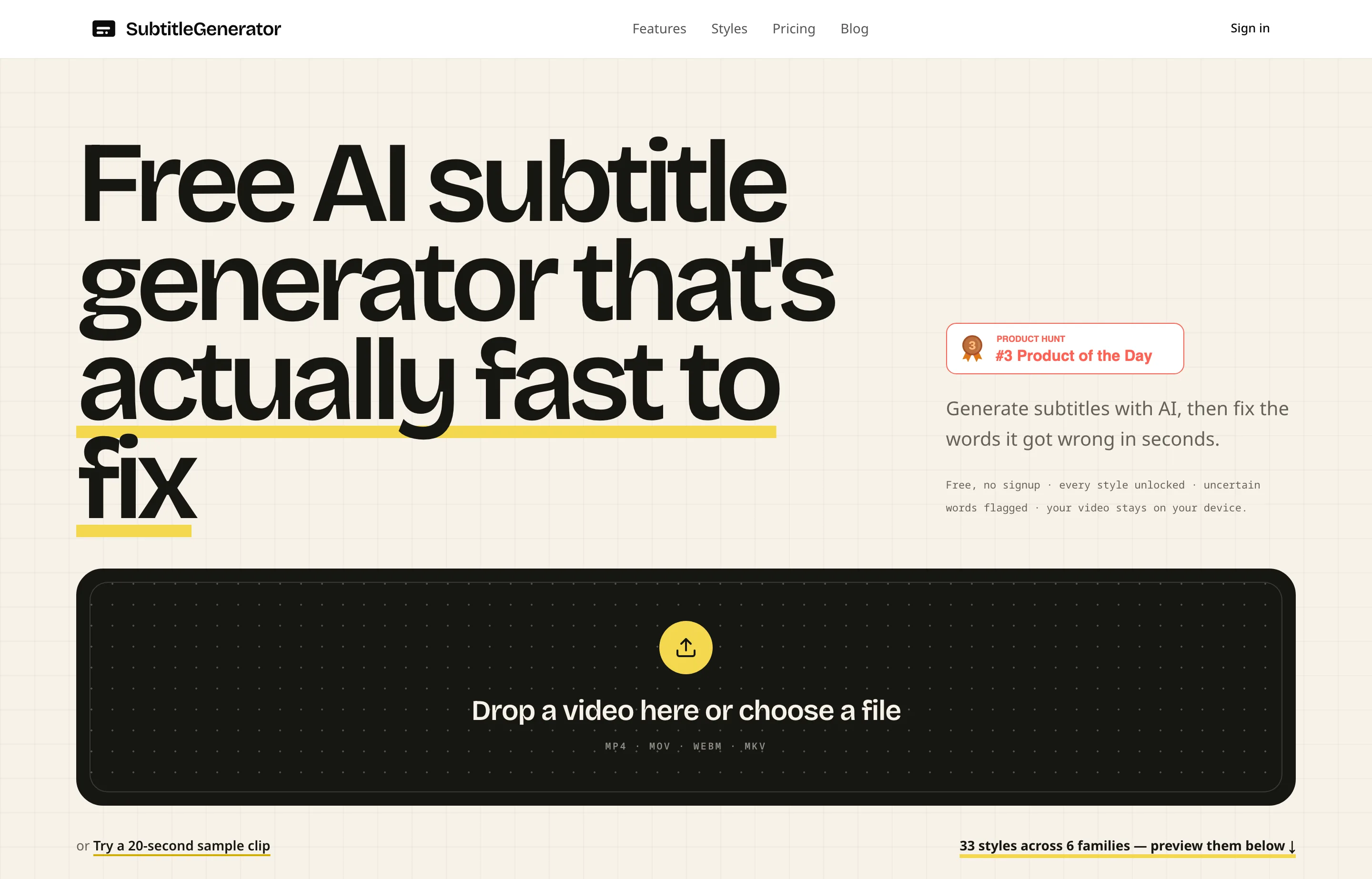 SubtitleGenerator's homepage, a browser captioning tool showing 33 subtitle styles and a correction workflow.