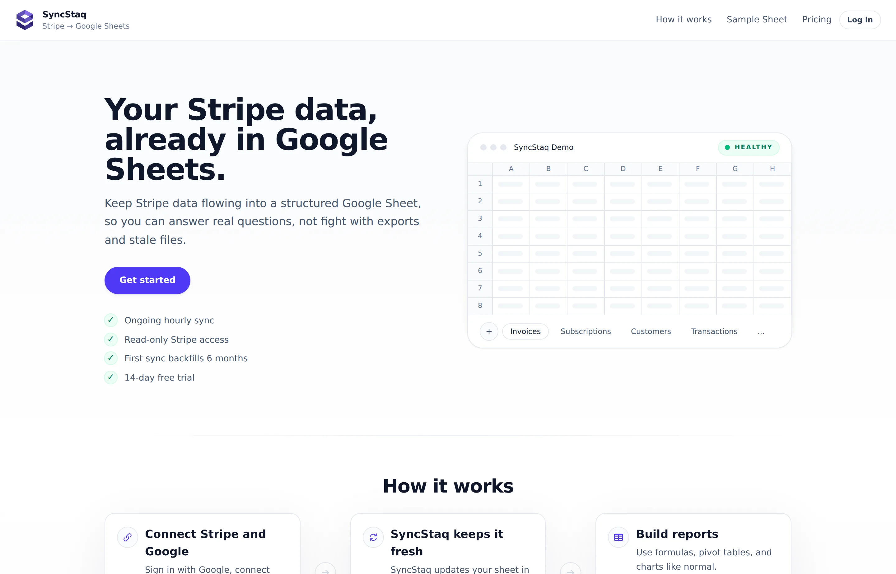 The SyncStaq website, a tool that syncs Stripe billing data into Google Sheets hourly.