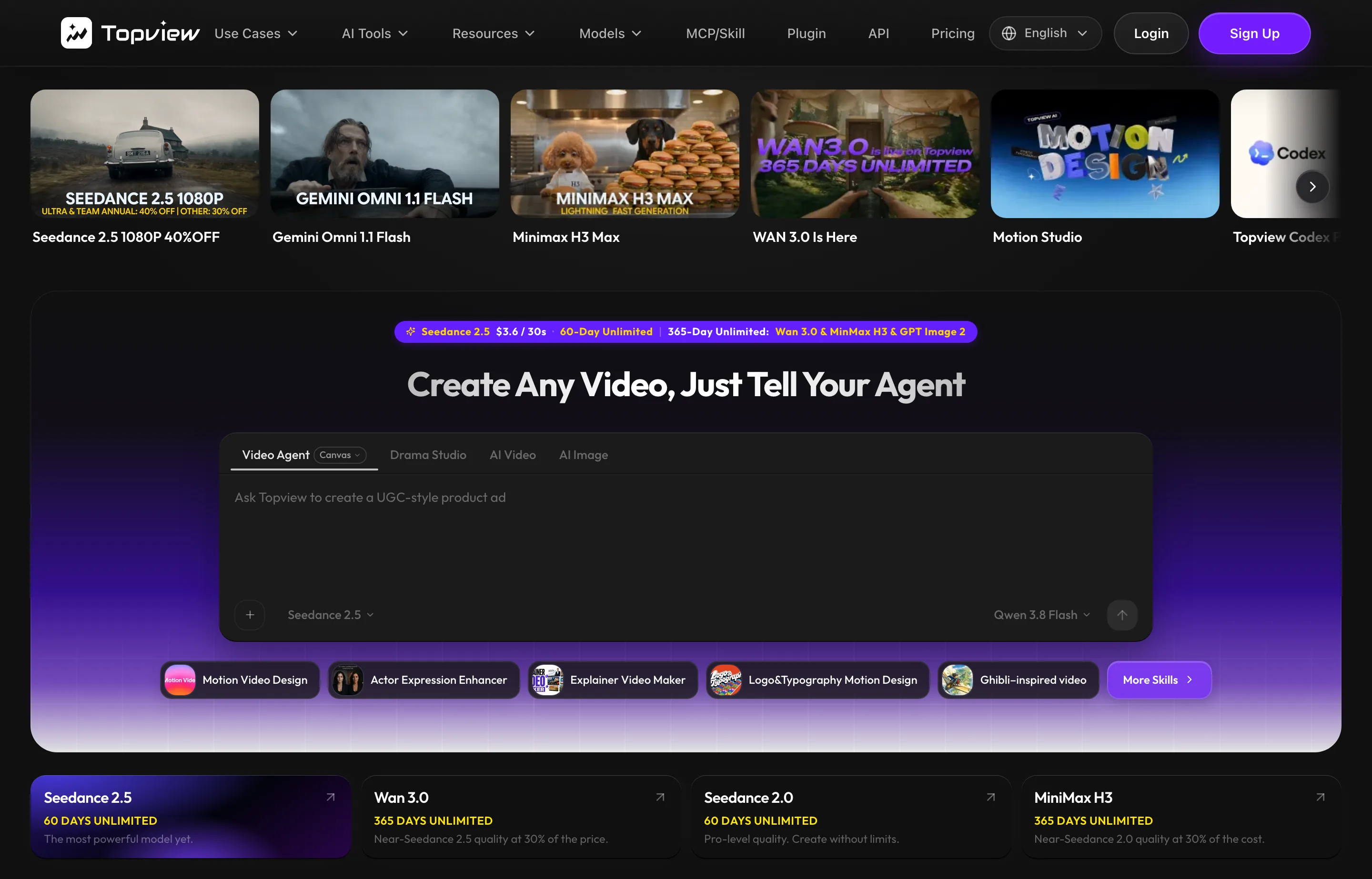 Topview's AI video platform homepage, showing ad and product video generation from product links.