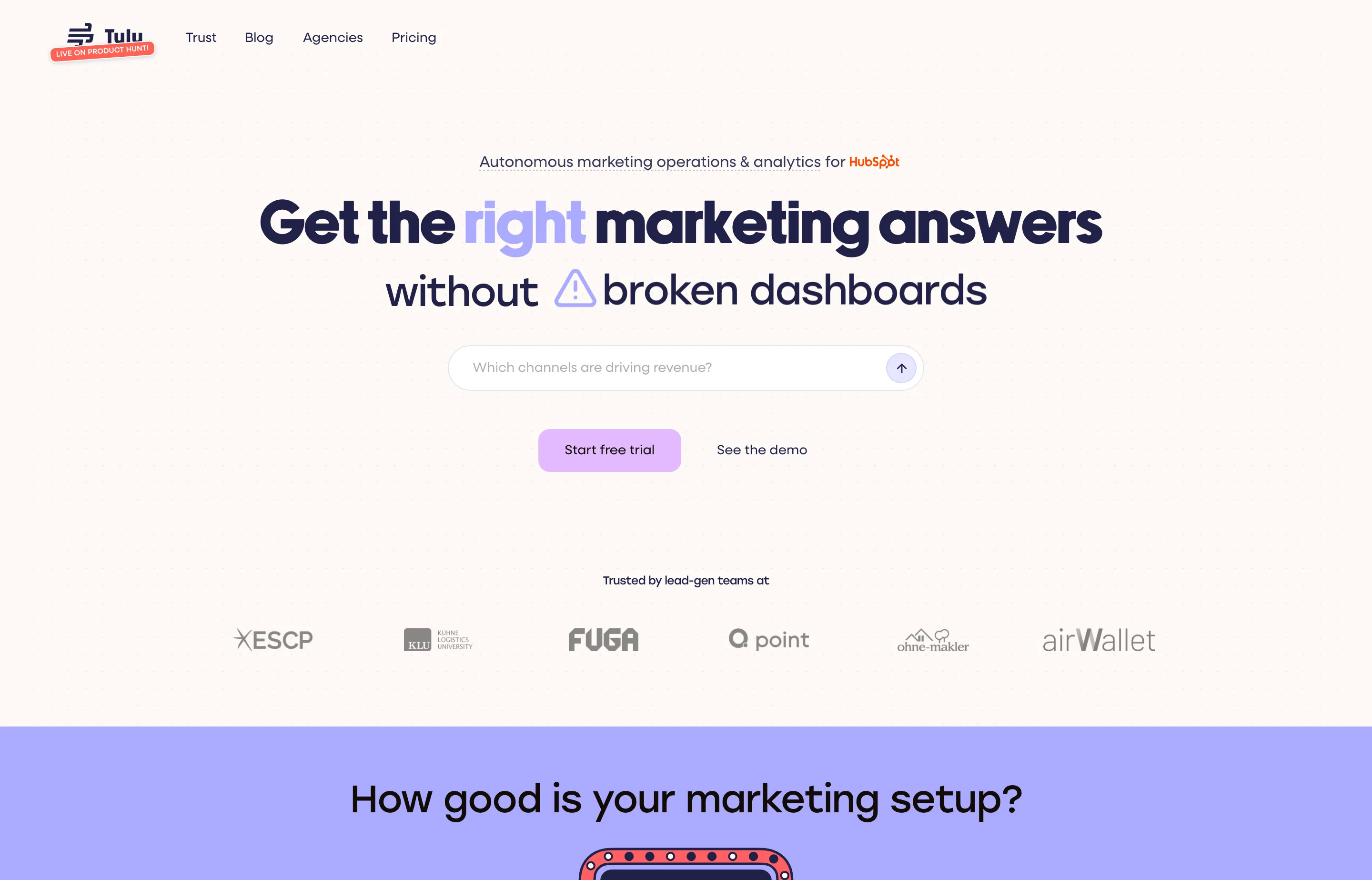 Tulu website showing autonomous marketing analytics with plain-English answers.