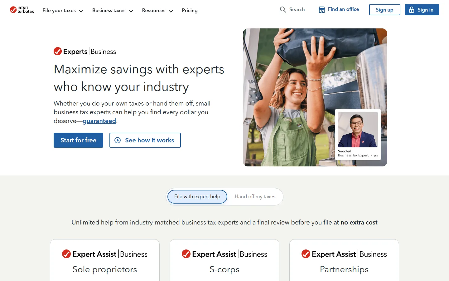 The TurboTax Business page with expert-assisted filing for S corps and partnerships.