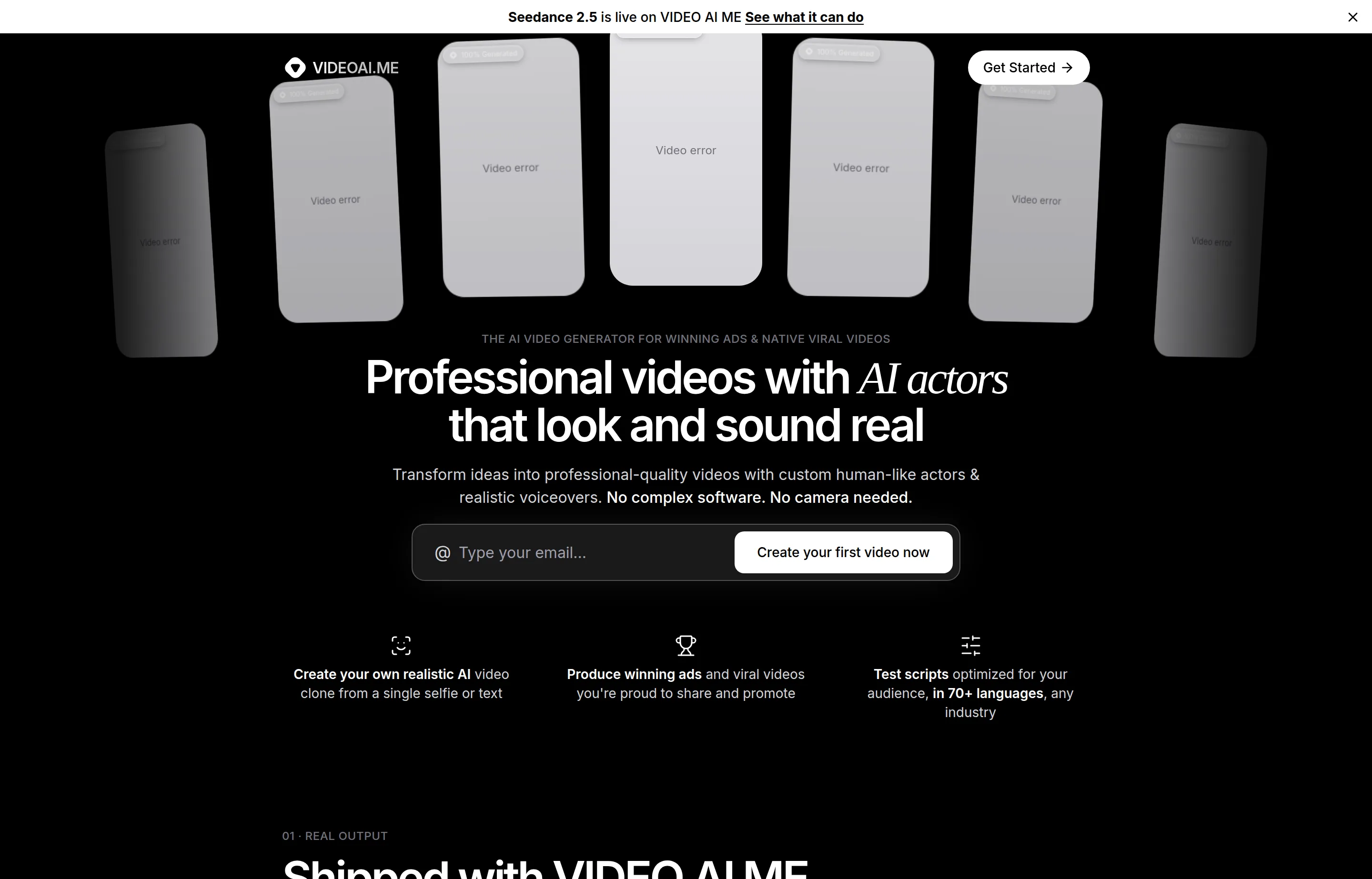 The VIDEO AI ME website, an AI video generation and multi-platform social scheduling tool.