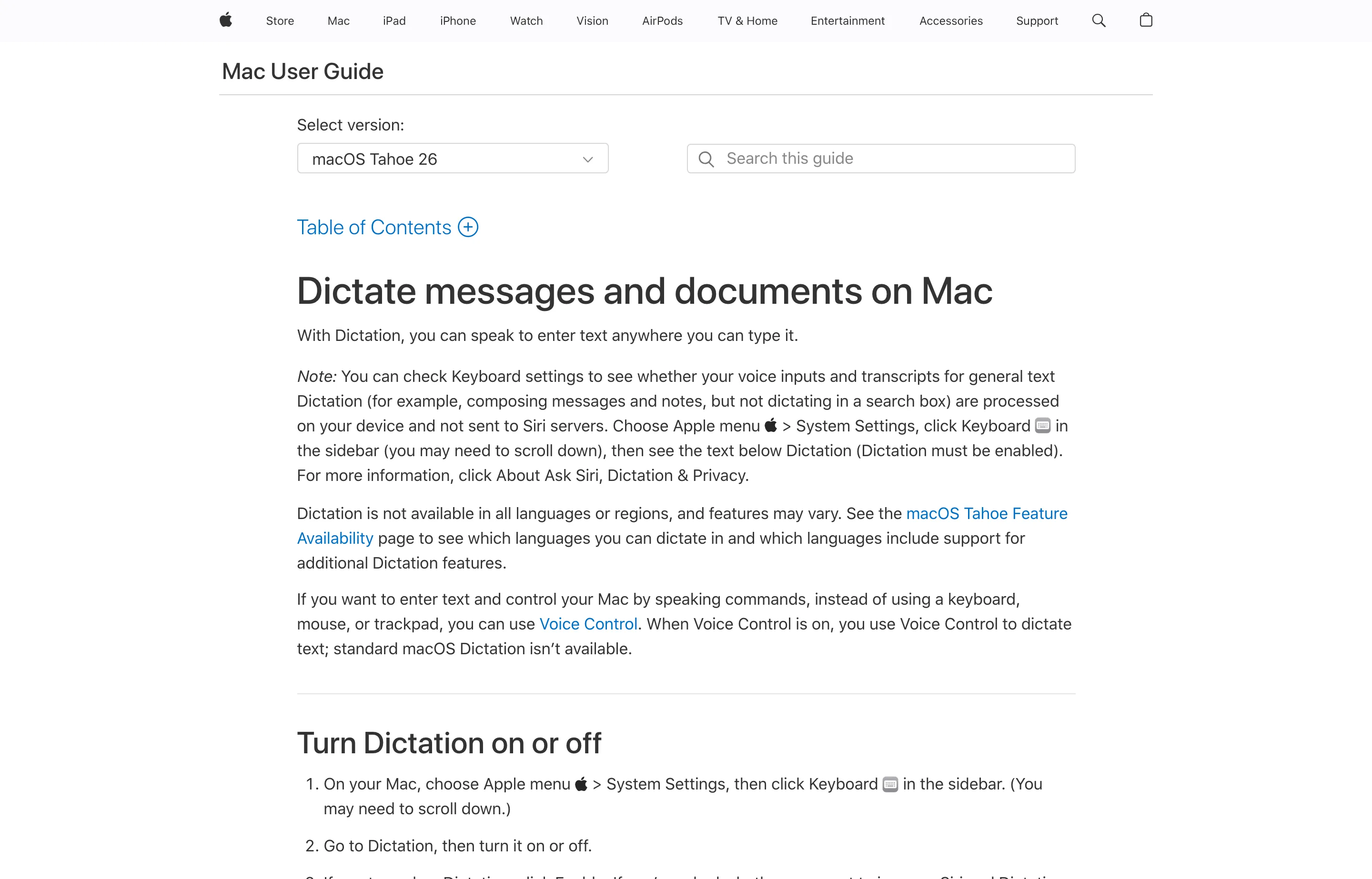 Apple Support documentation for enabling and using Dictation on Mac.