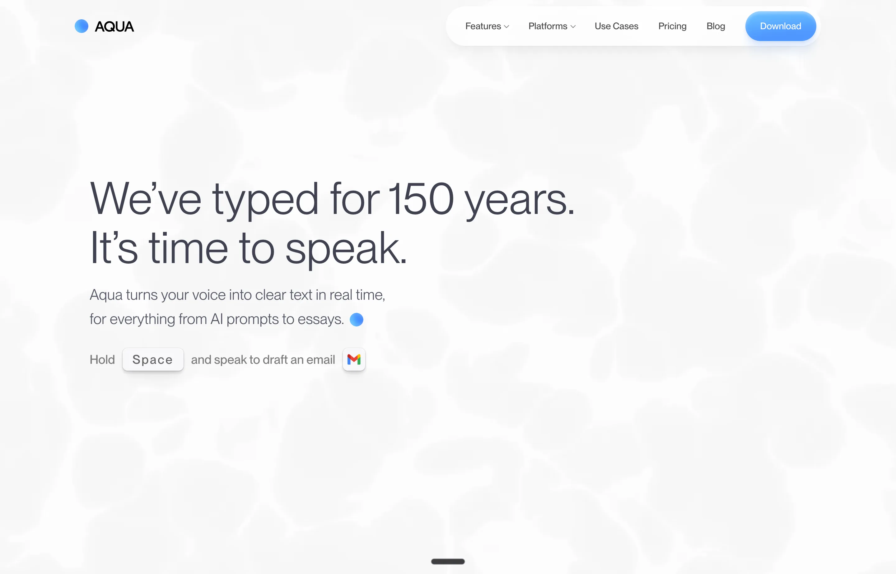 The Aqua Voice homepage showing fast AI dictation across Mac, Windows, and iPhone.