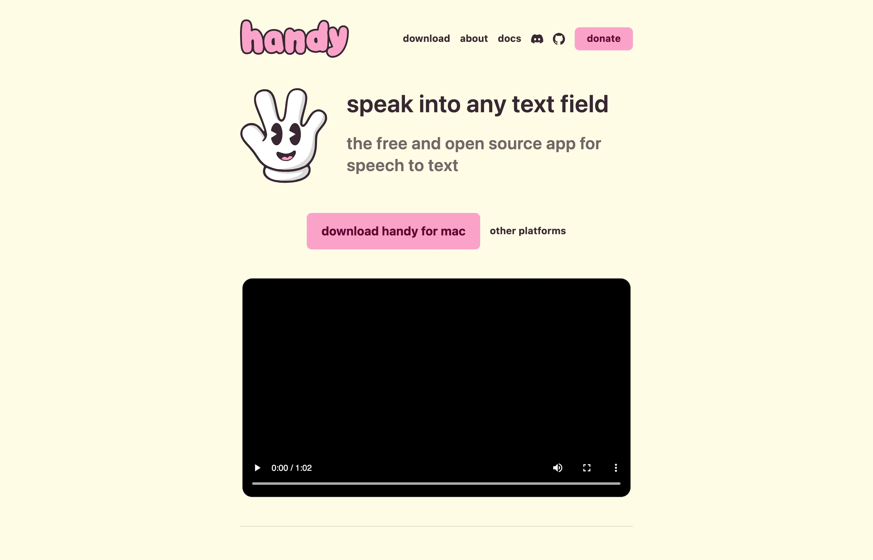The Handy homepage describing free, open-source, private speech to text.