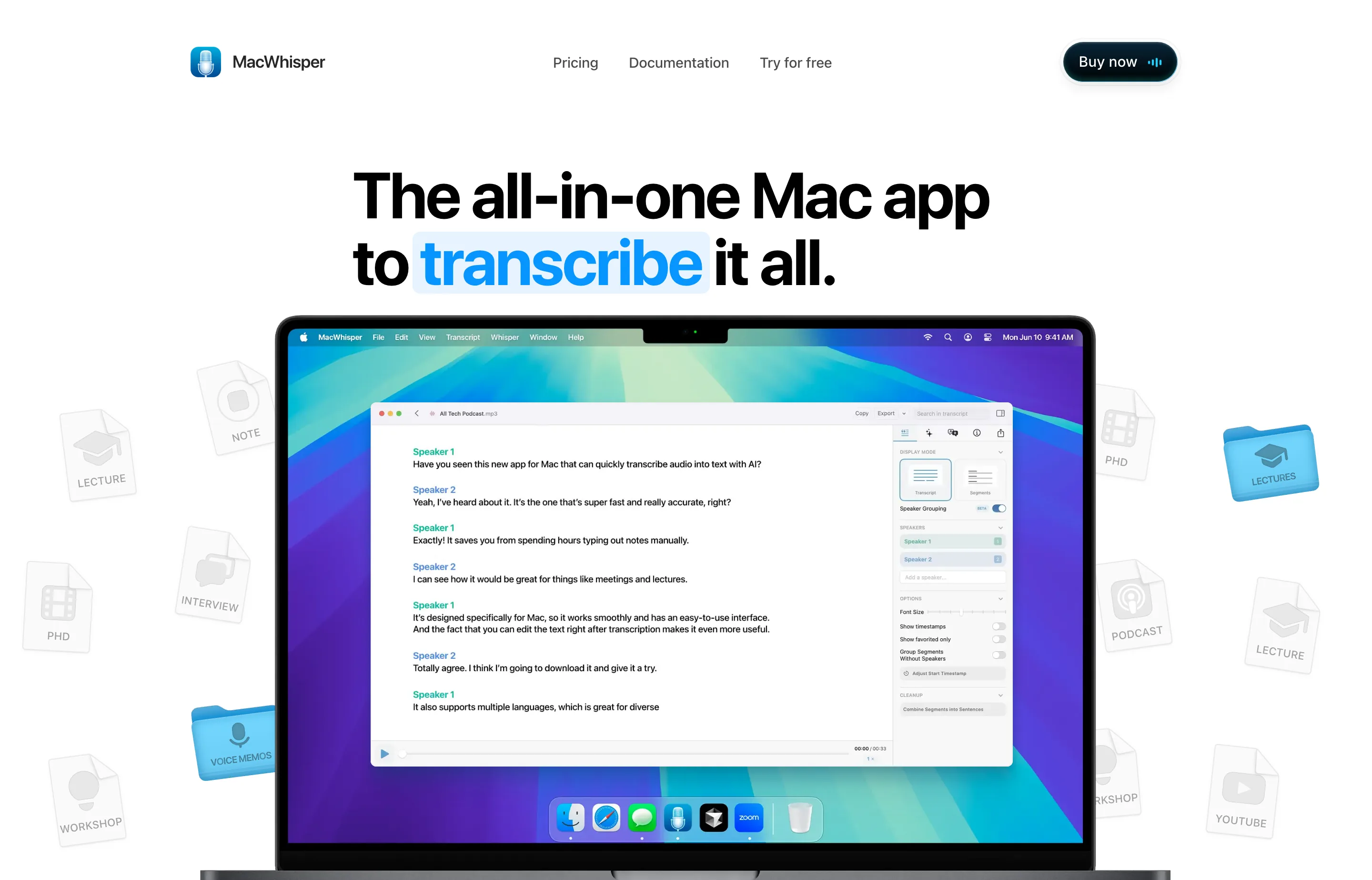 The MacWhisper homepage showing file, meeting, and system-wide dictation.