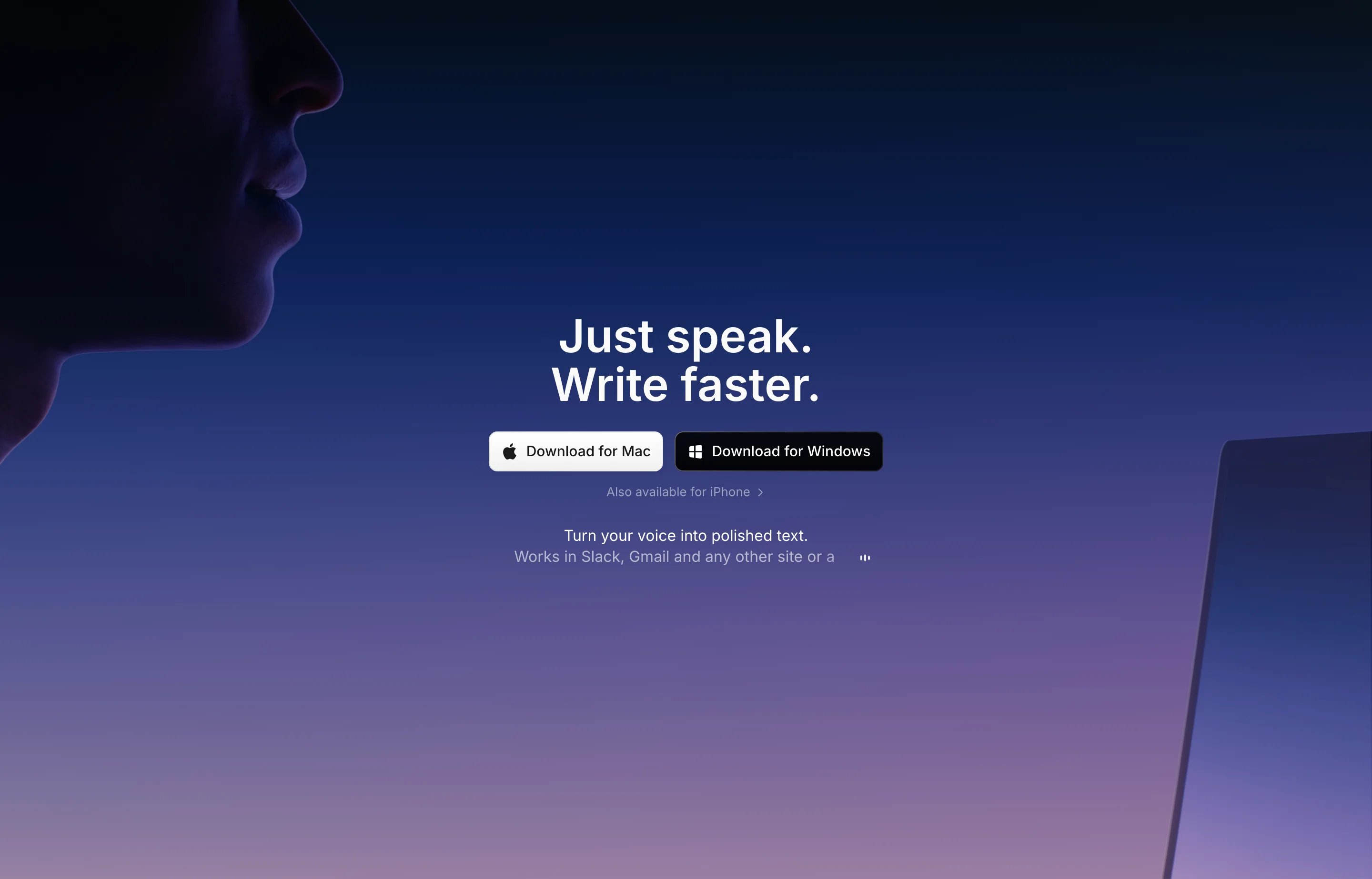 The Superwhisper homepage showing customizable voice-to-text in any app.