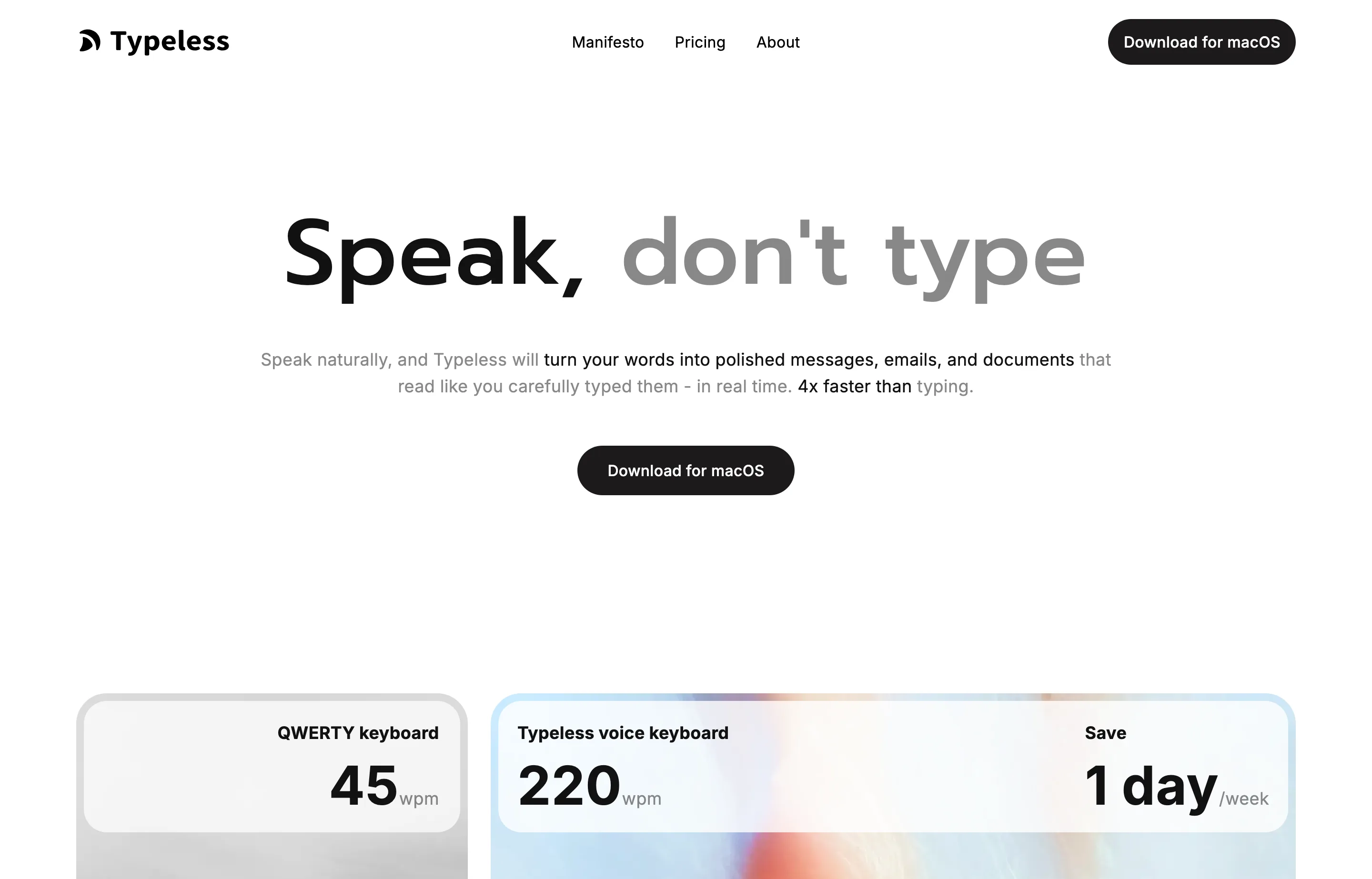 The Typeless homepage for AI dictation and voice-powered writing.