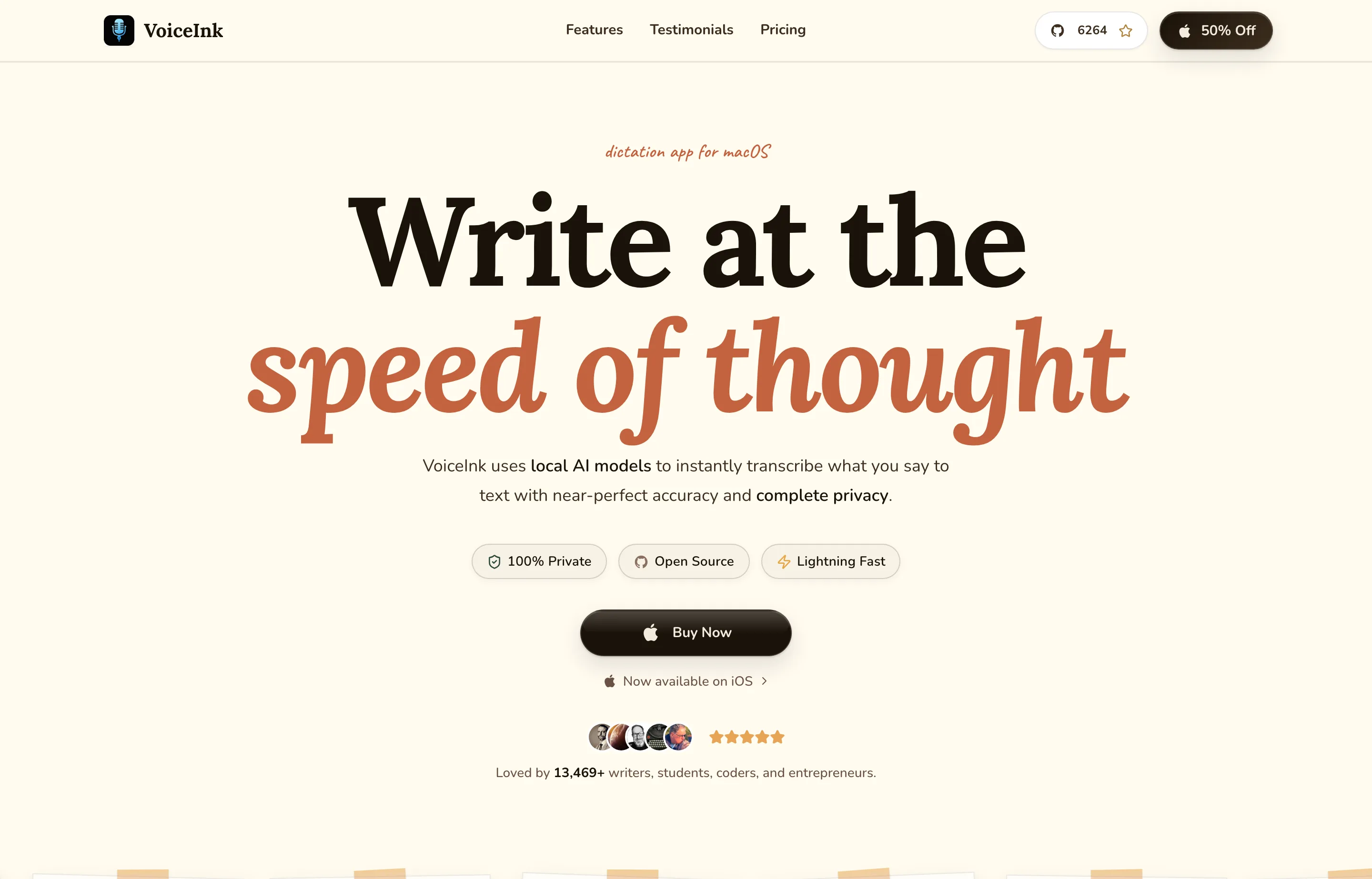 The VoiceInk homepage for native local-first Mac dictation.