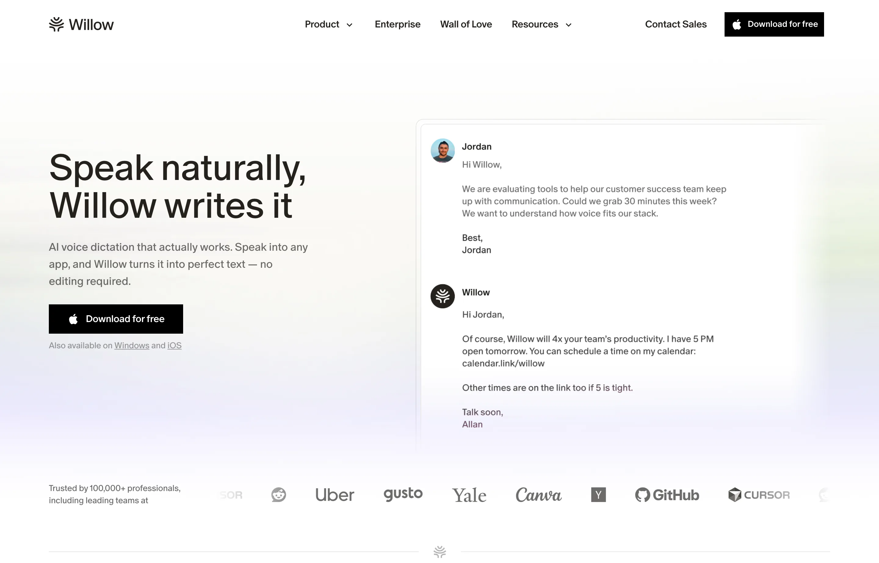 The Willow homepage for AI-powered voice writing and cleanup.