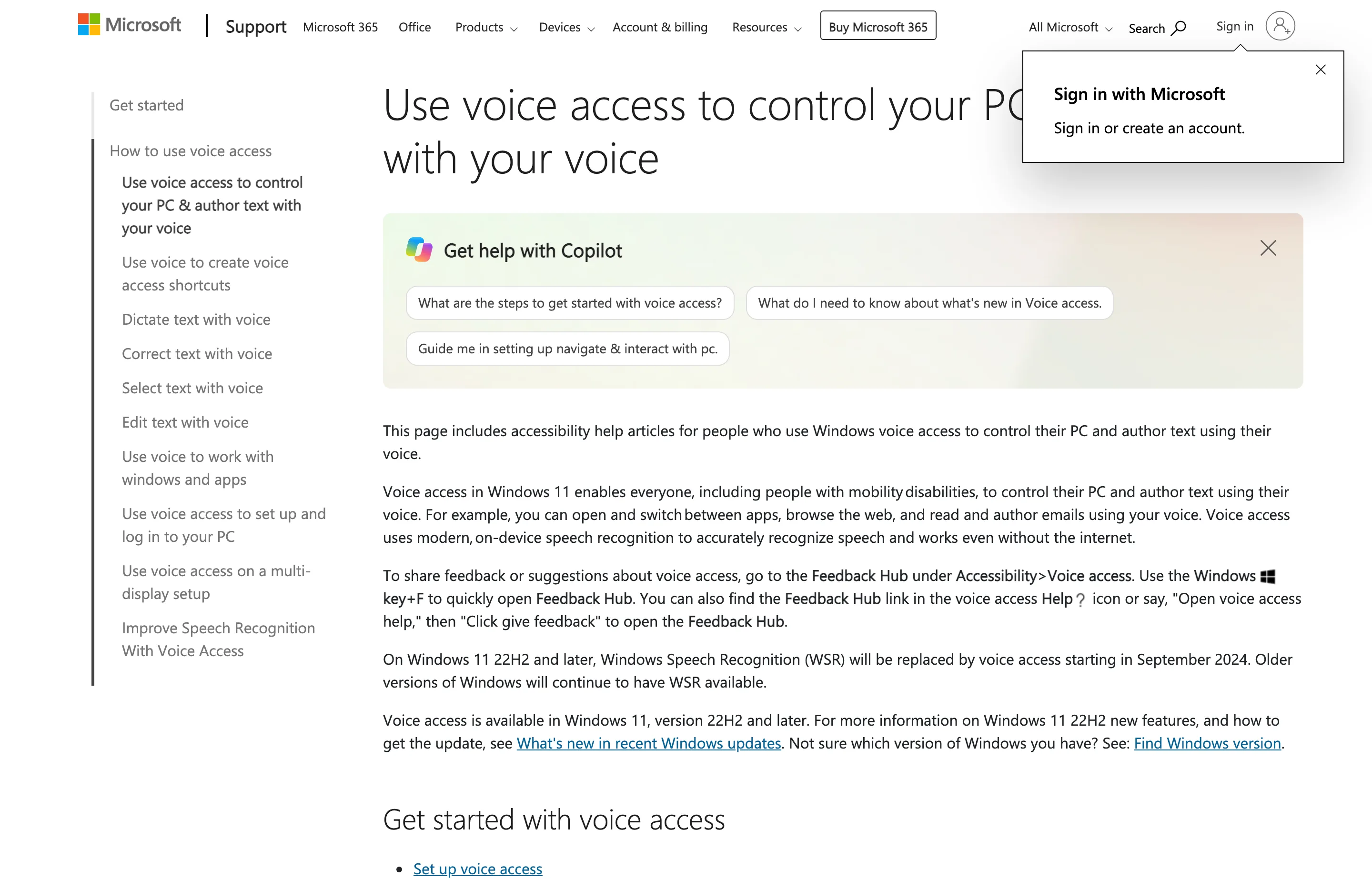 Microsoft Support documentation for dictating and controlling a PC with Windows Voice Access.