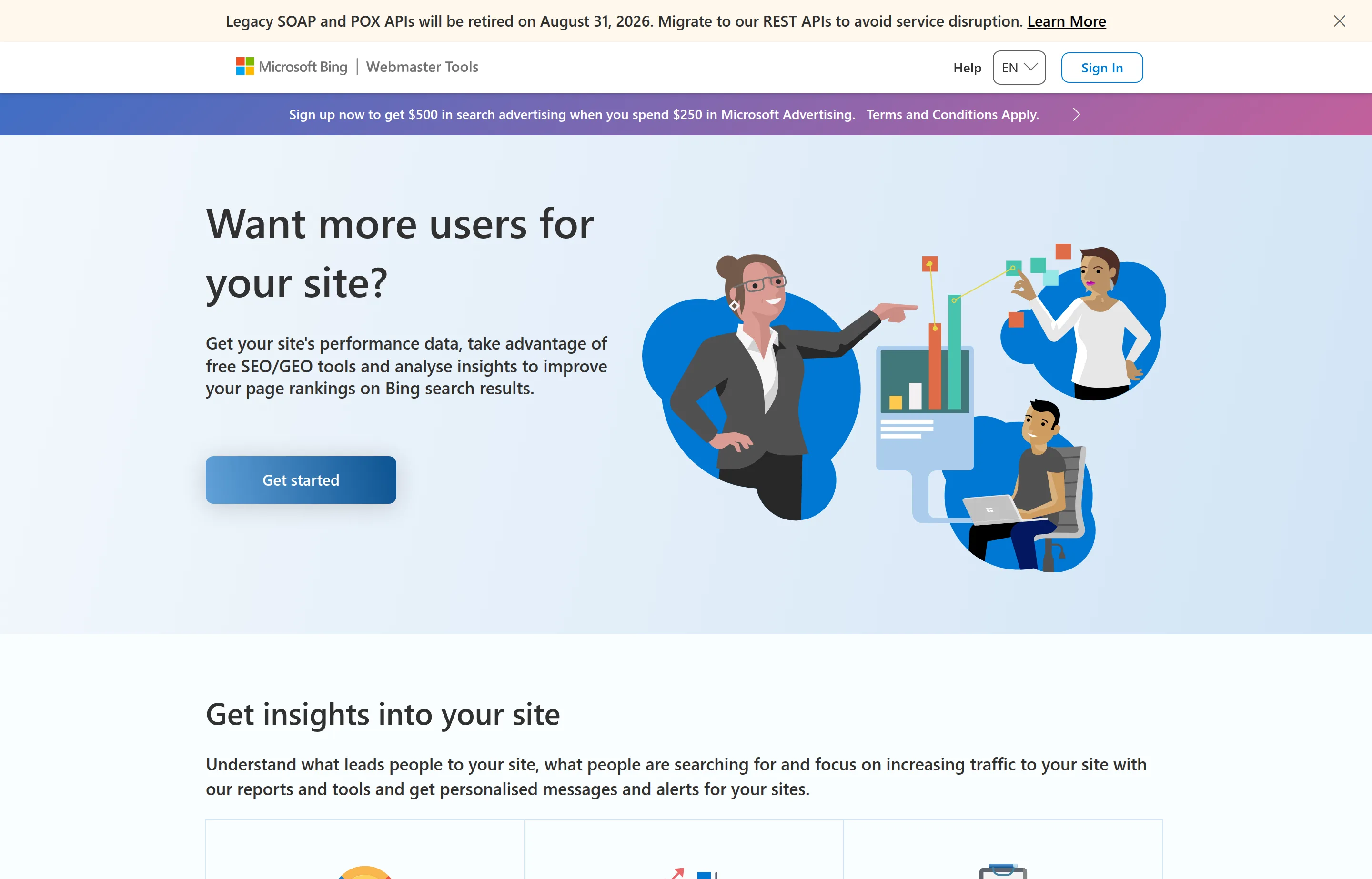 The Bing Webmaster Tools about page, showing its free SEO and backlink reporting.