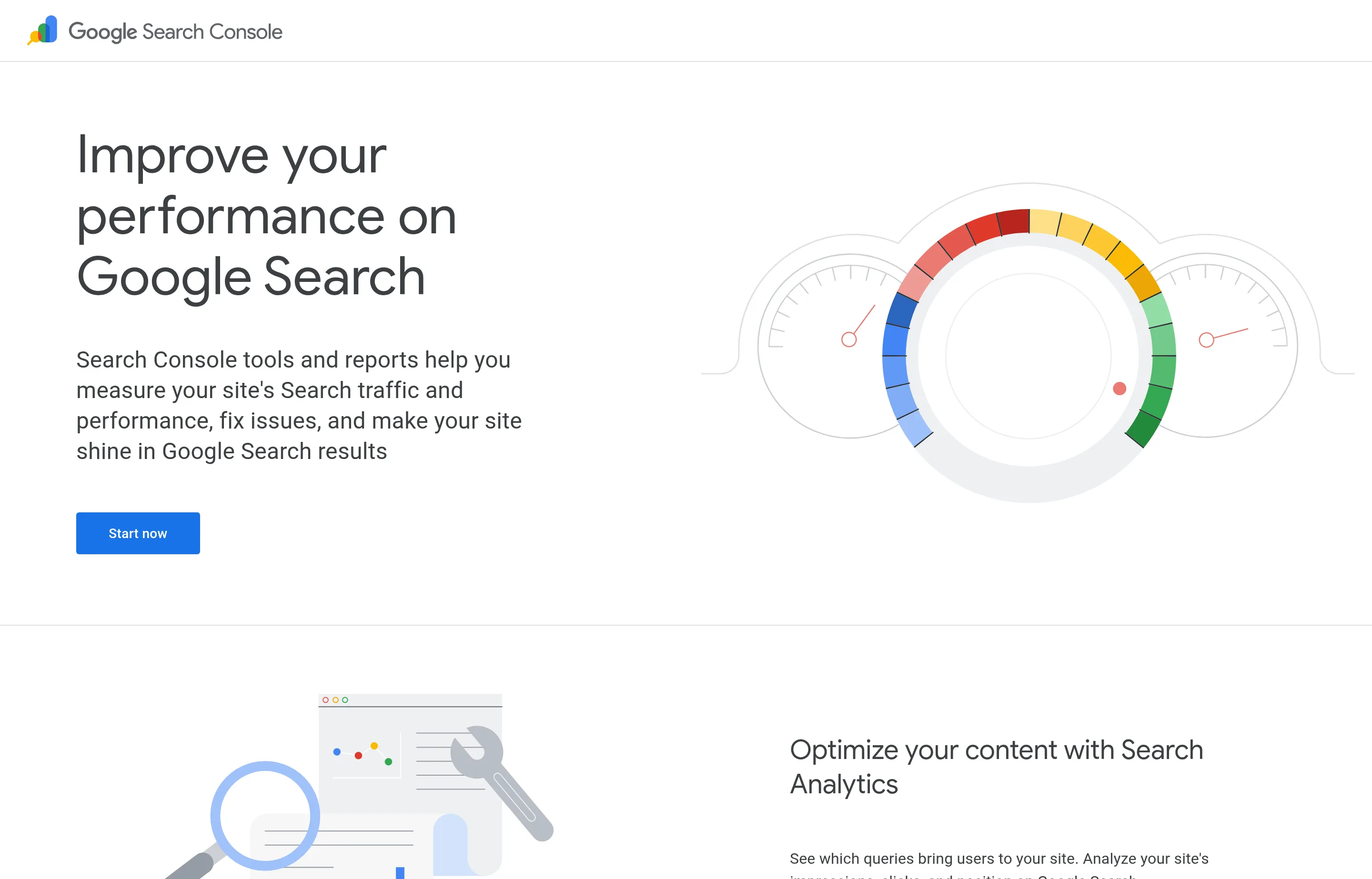 The Google Search Console product page, showing search performance reporting and the Links report for site owners.