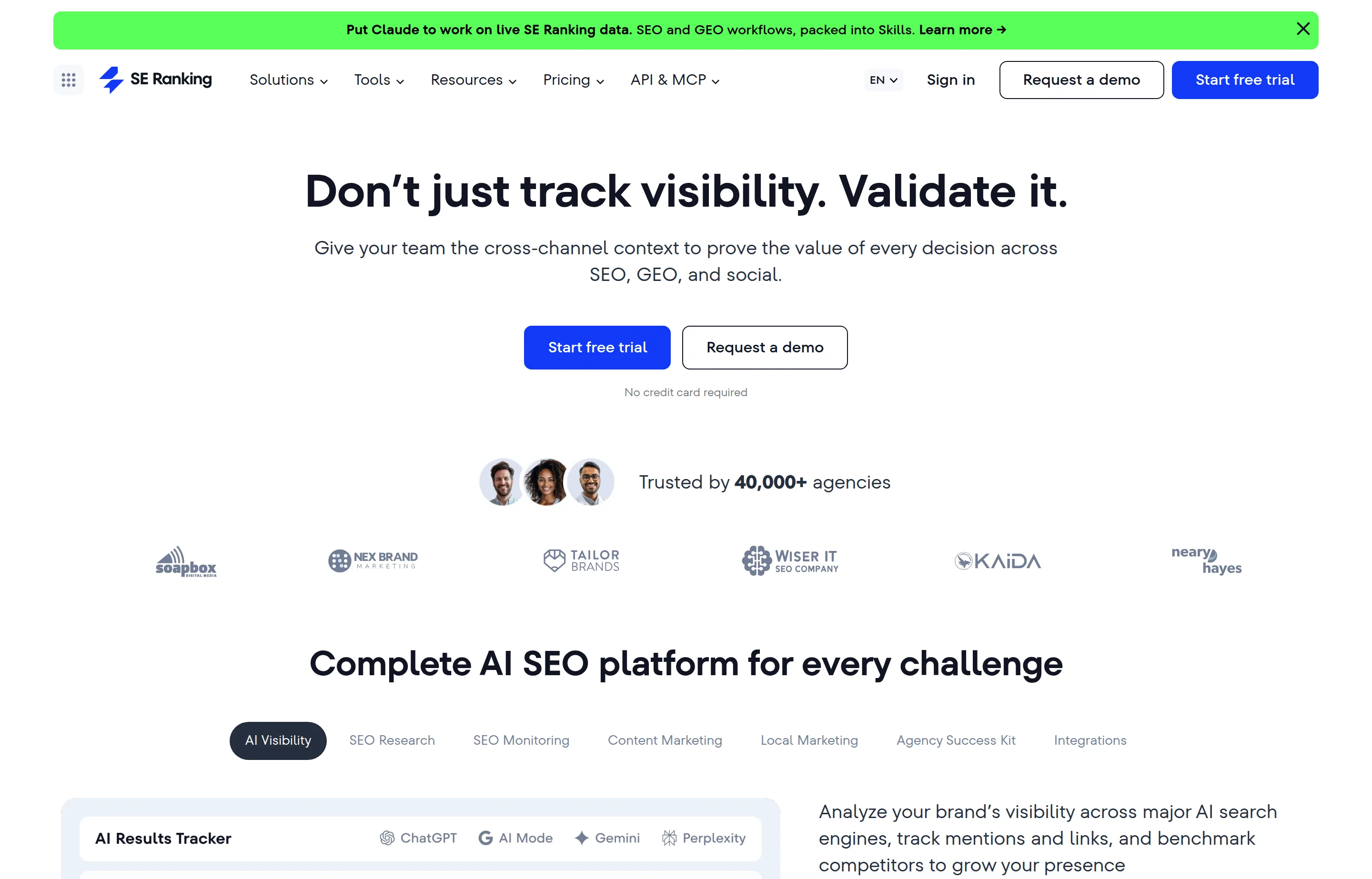 The SE Ranking homepage, showing its SEO platform covering rank tracking, backlinks, and AI visibility.