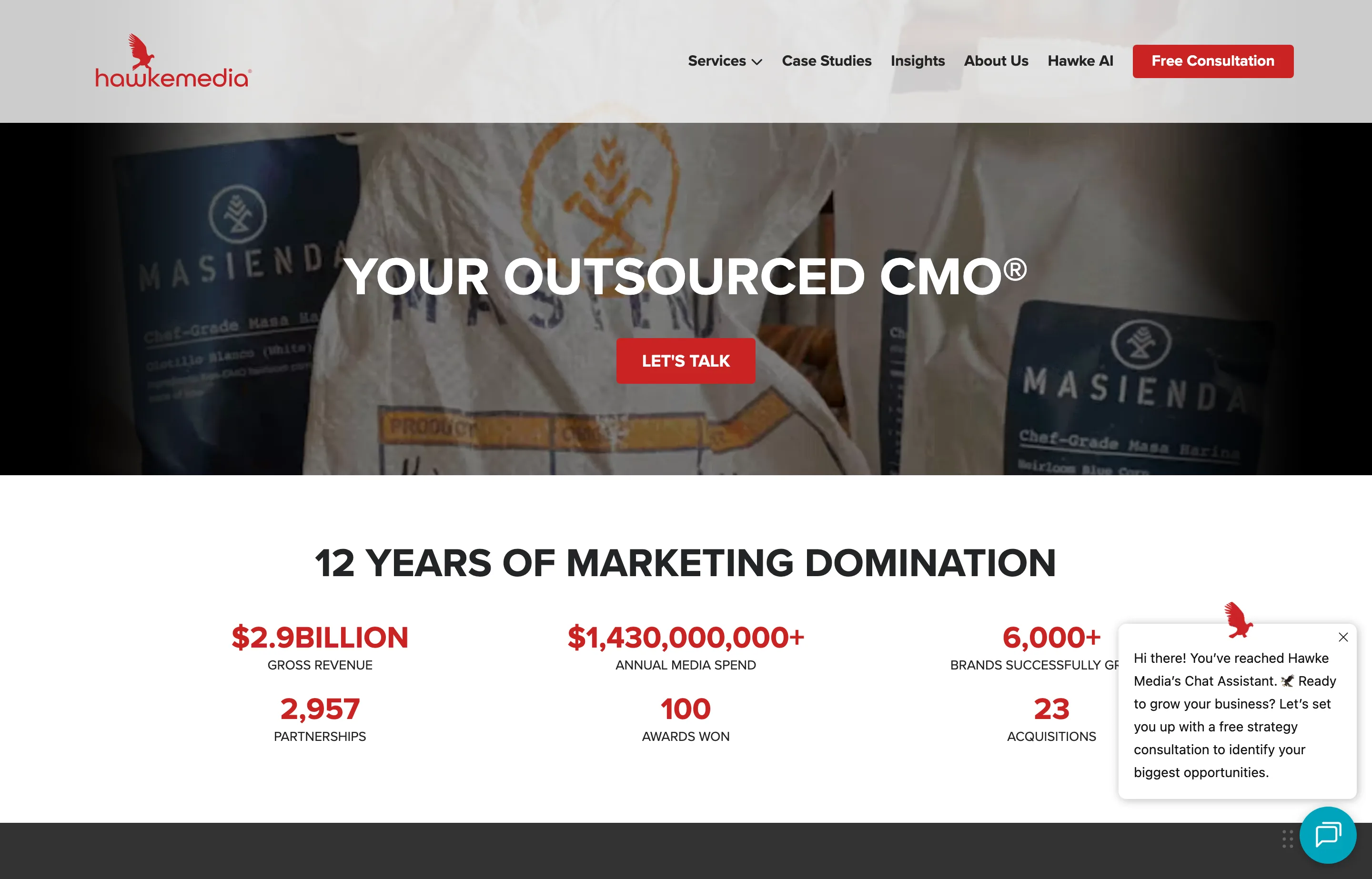 The Hawke Media website, an outsourced-CMO agency with Amazon and GEO/AEO services.