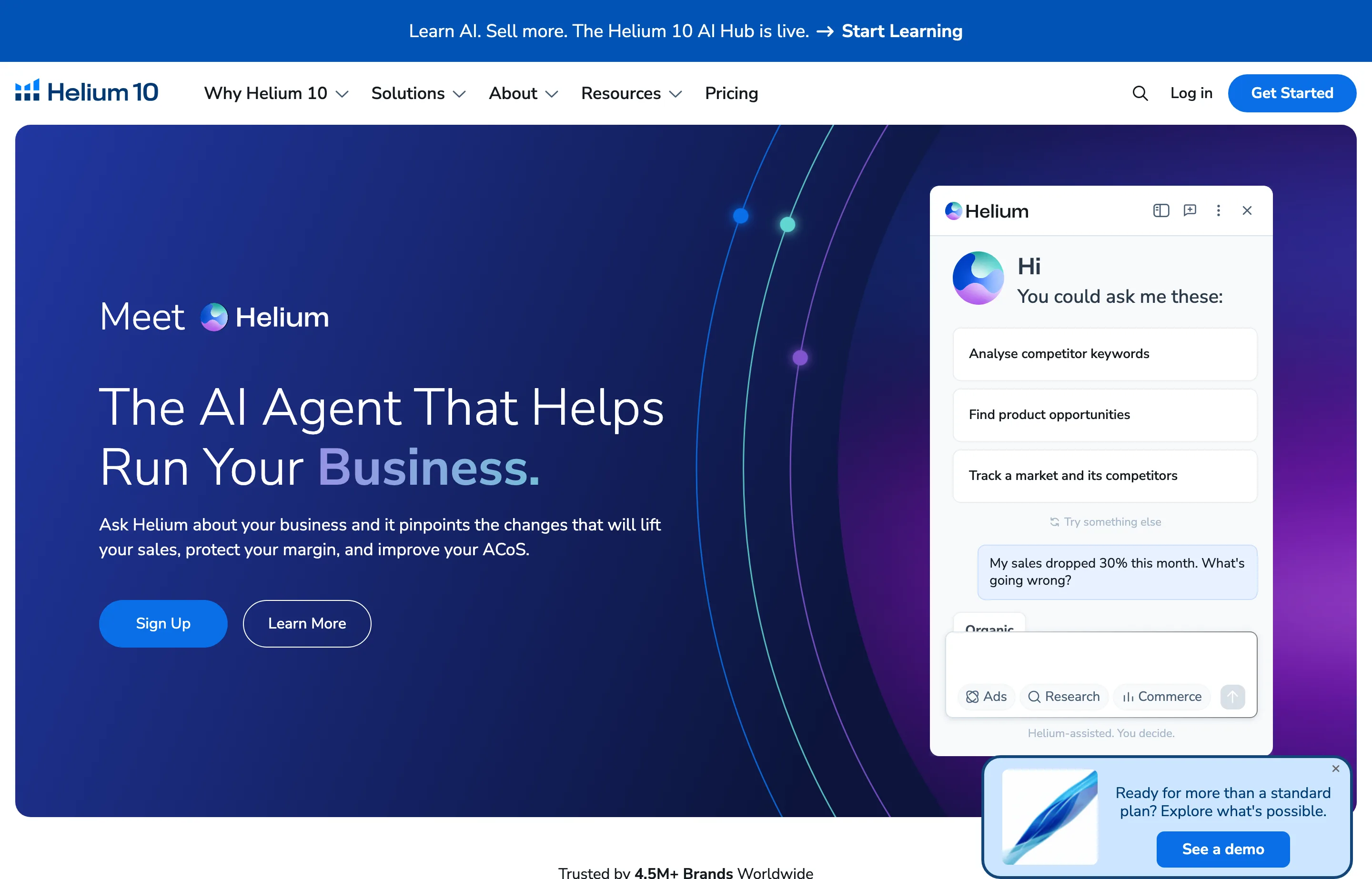 The Helium 10 website, an all-in-one Amazon seller suite for keyword research and listing optimization.