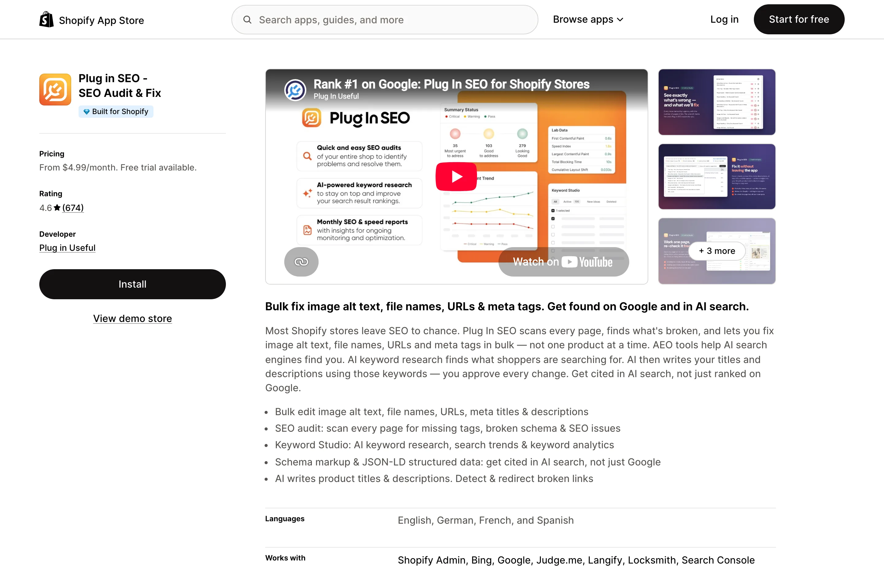 The Plug in SEO Shopify app listing.