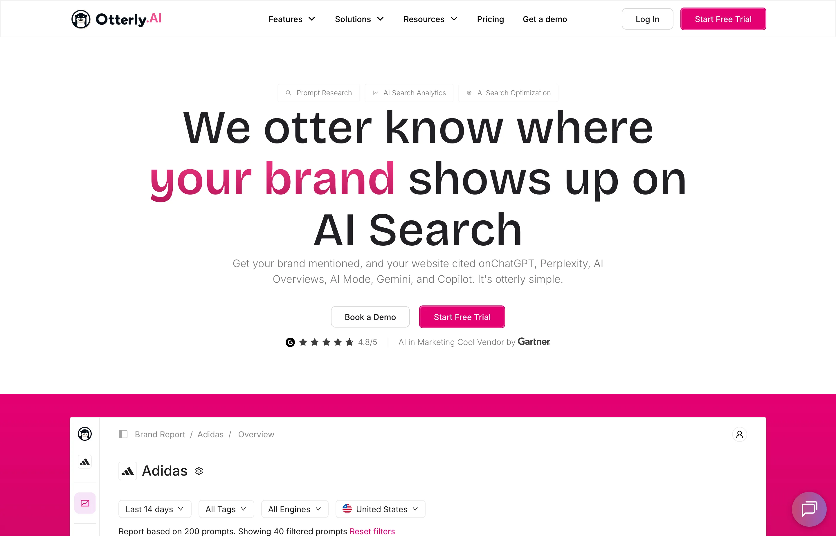 The OtterlyAI website showing its AI search monitoring product and sample brand report.