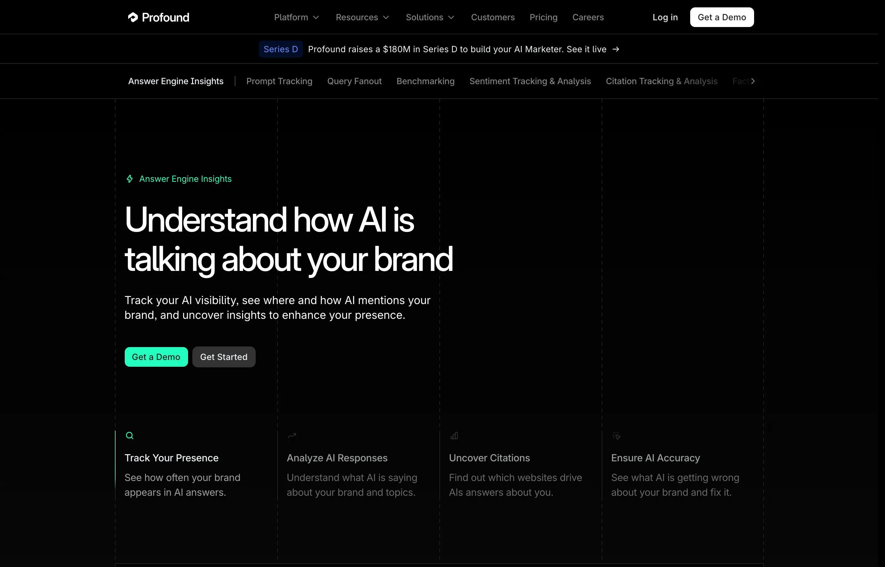 The Profound Answer Engine Insights page describing brand presence, citations, and answer accuracy.