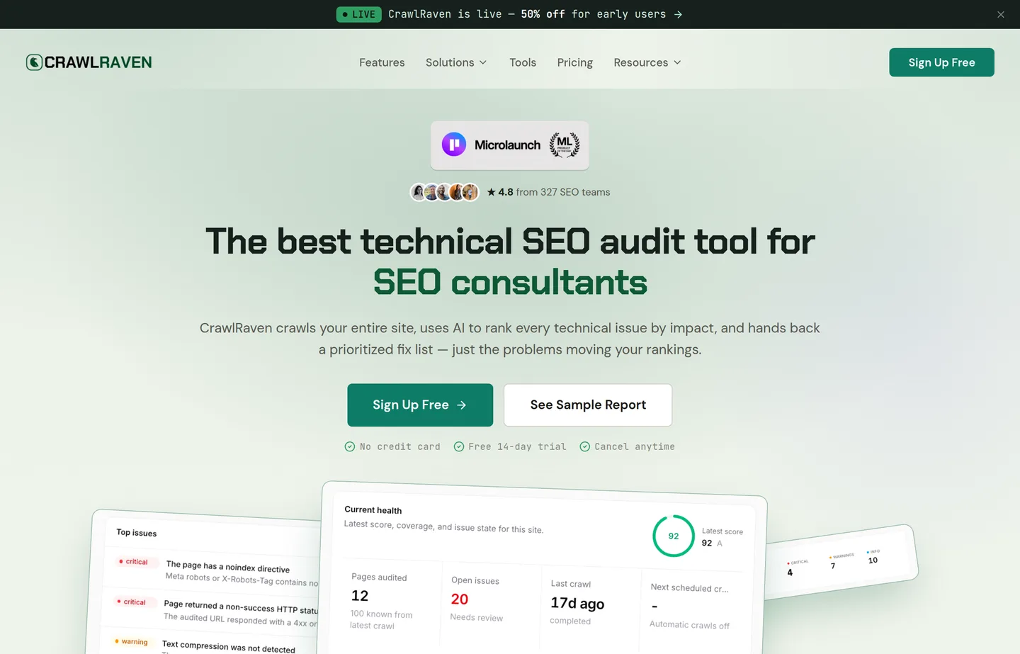 The CrawlRaven website, an AI technical SEO audit tool that crawls your site and returns a prioritized fix list.