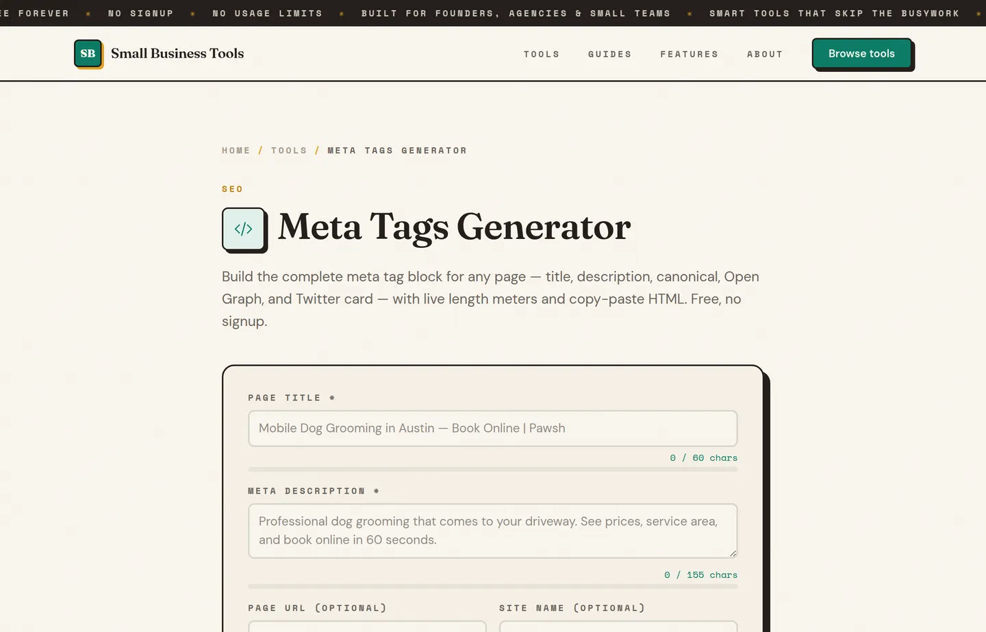 The Small Business Tools Meta Tags Generator, with title and description length meters and copy-paste HTML output.